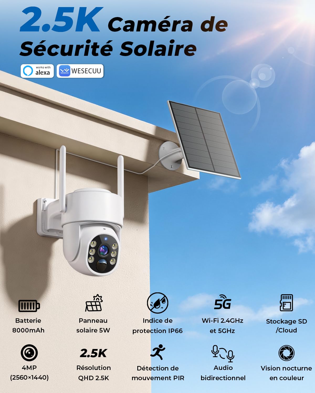 WESECUU Camera Surveillance WiFi Exterieure sans Fil Solaire 2.5K 4MP avec Panneau Solaire 5W, 360° PTZ, IP66