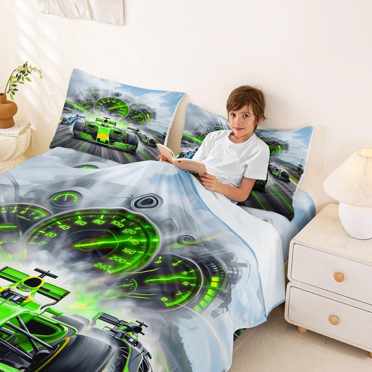 Homewish Zestaw pościeli do samochodu wyścigowego, podwójne prześcieradła na tor wyścigowy, neon, kierowca, chmury, niebo, deska rozdzielcza, zestaw prześcieradeł – terenowe sporty ekstremalne zielone