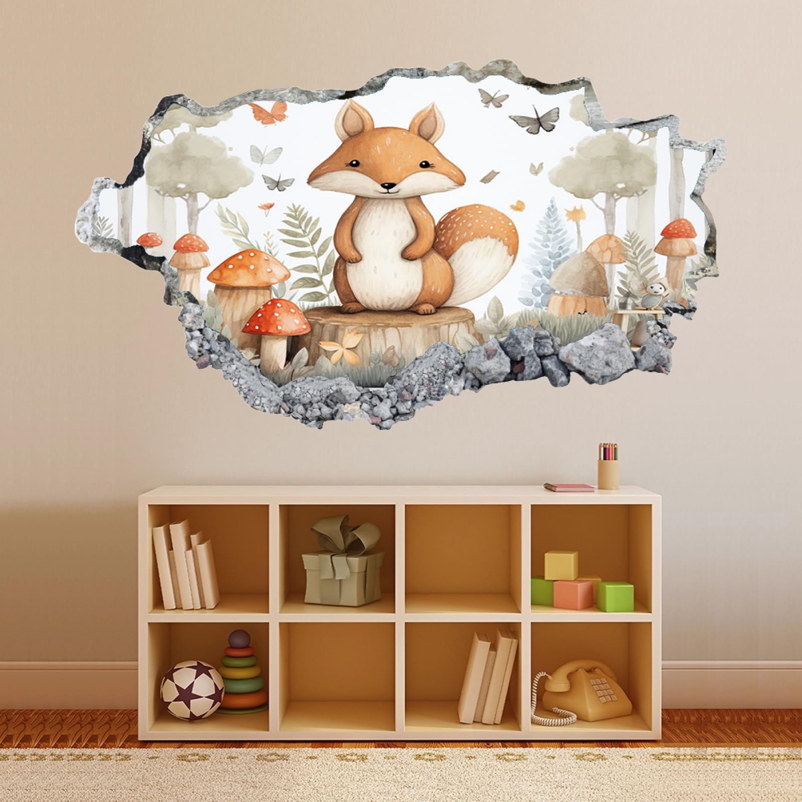 Adesivi Murali 3D Fracassato Animale Dei Cartoni Animati Di Volpe Decorazione domestica smontabile del tatuaggio della parete Decalcomanie impermeabili for Nursery Room Wall Decor 60x105cm