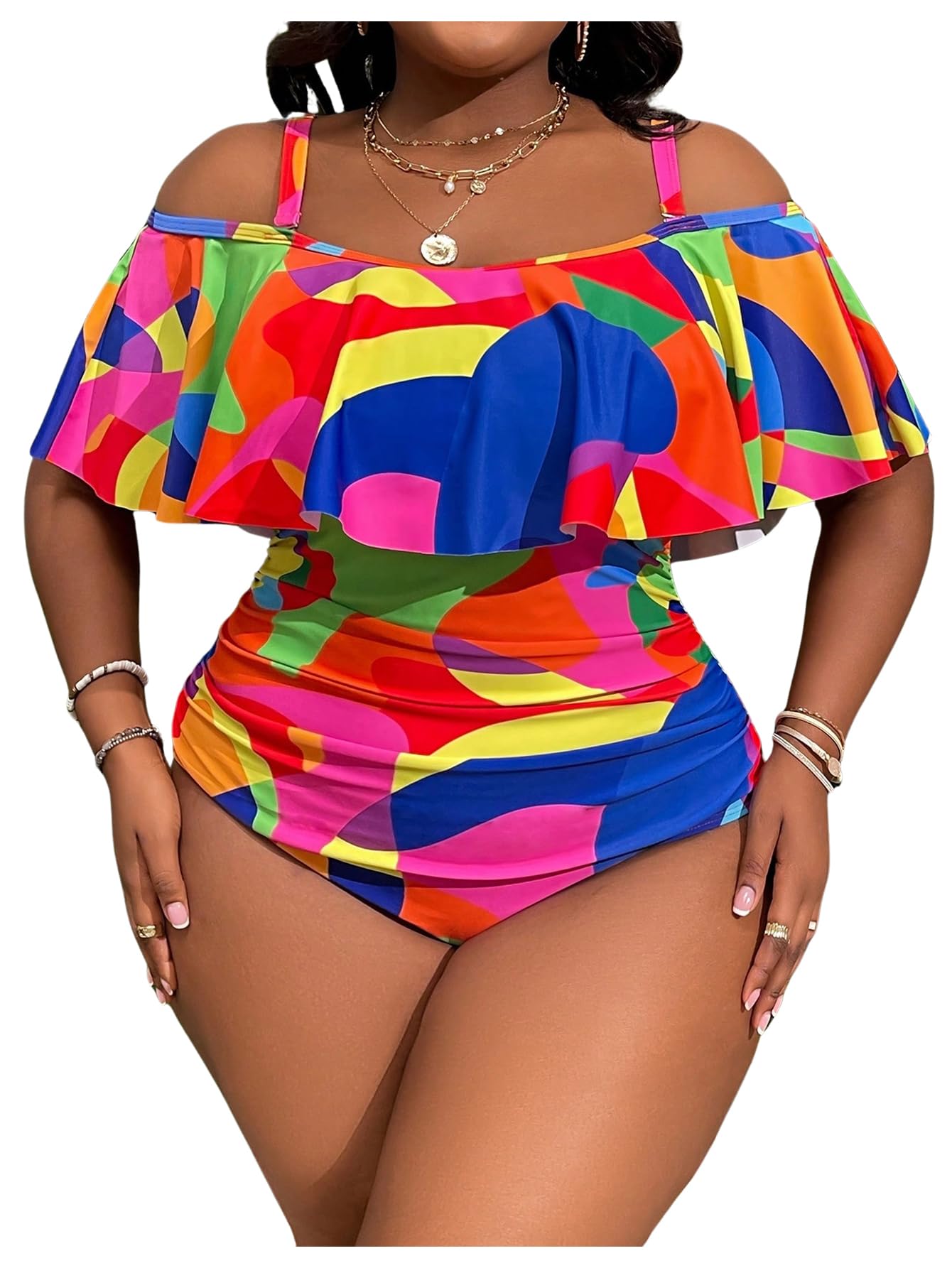 wdirara Women's Plus Size One Piece Swimsuit Color Block Ruffle Cold Shoulder Swimwear-picture-10