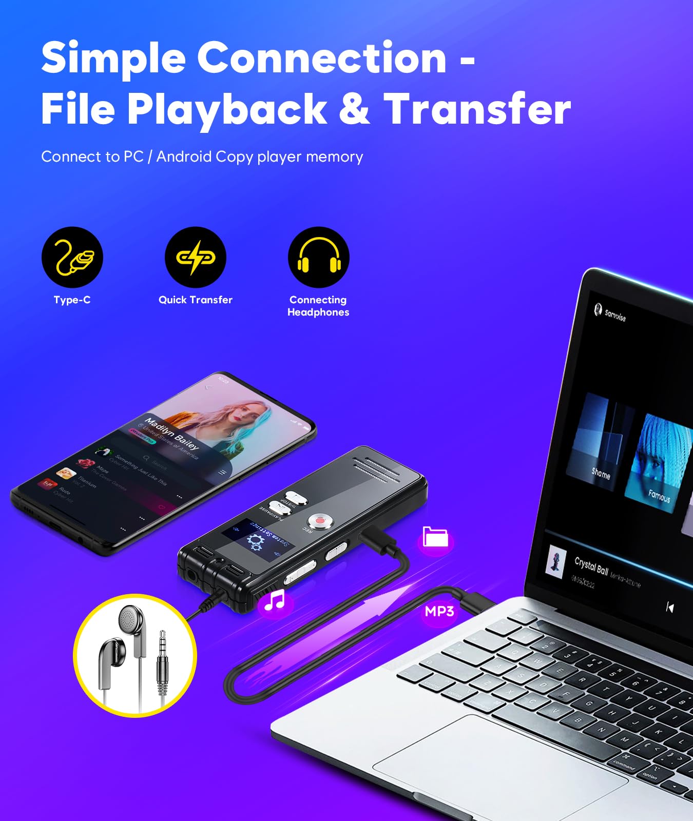 NekSide, registratore vocale da 128 GB, interfaccia di tipo C, registrazione one-touch, MP3, 3072 kbps, registratore vocale digitale, registratore vocale HD Dual MIC per conferenze, riunioni