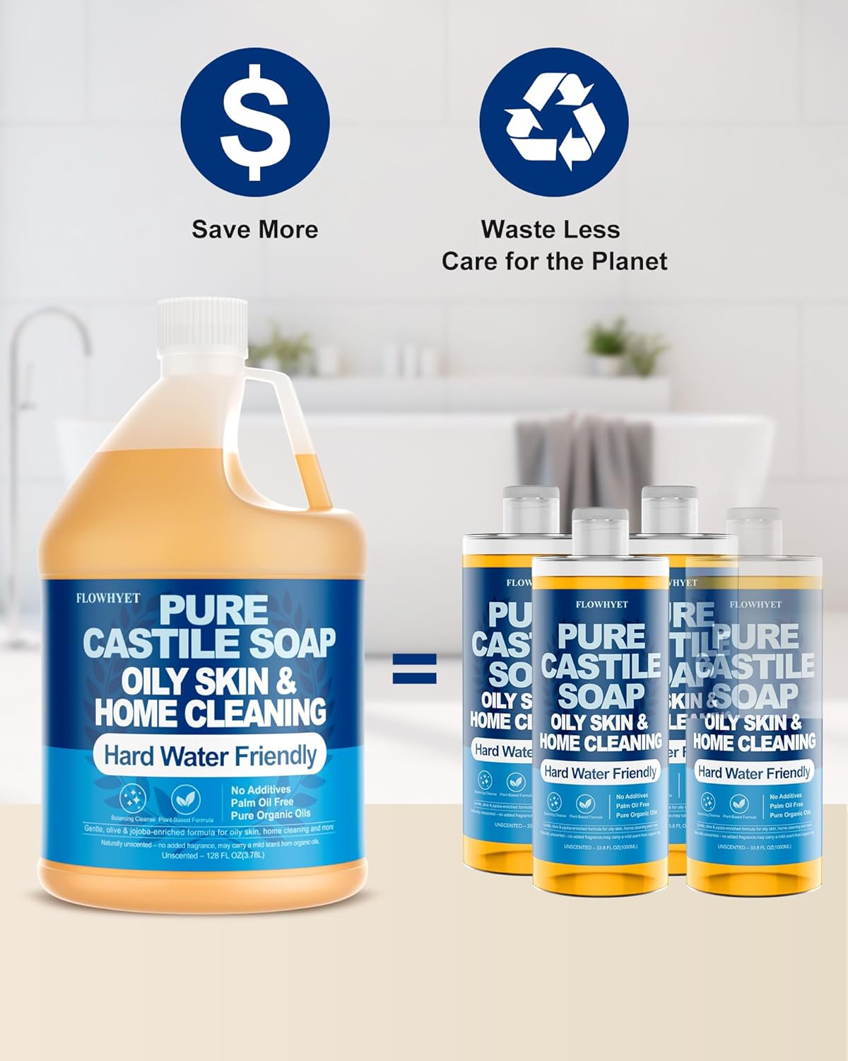 Pure Castile Soap Liquid Unscented 1 Gallon(128 fl oz) Refill, Organic Body Wash Bath Soap Castile Liquid,Hard Water Oily Skin Friendly for Body, Face, Hand, Multi-Purpose Home Cleaner - Image 7