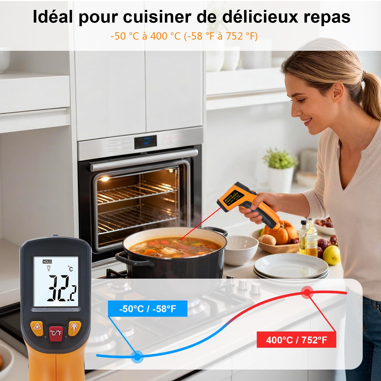 KETOTEK Thermomètre Infrarouge KT400Y Pistolet Température Laser sans Contact -50~400°C Pour cuisine, industrie, barbecue, four à pizza