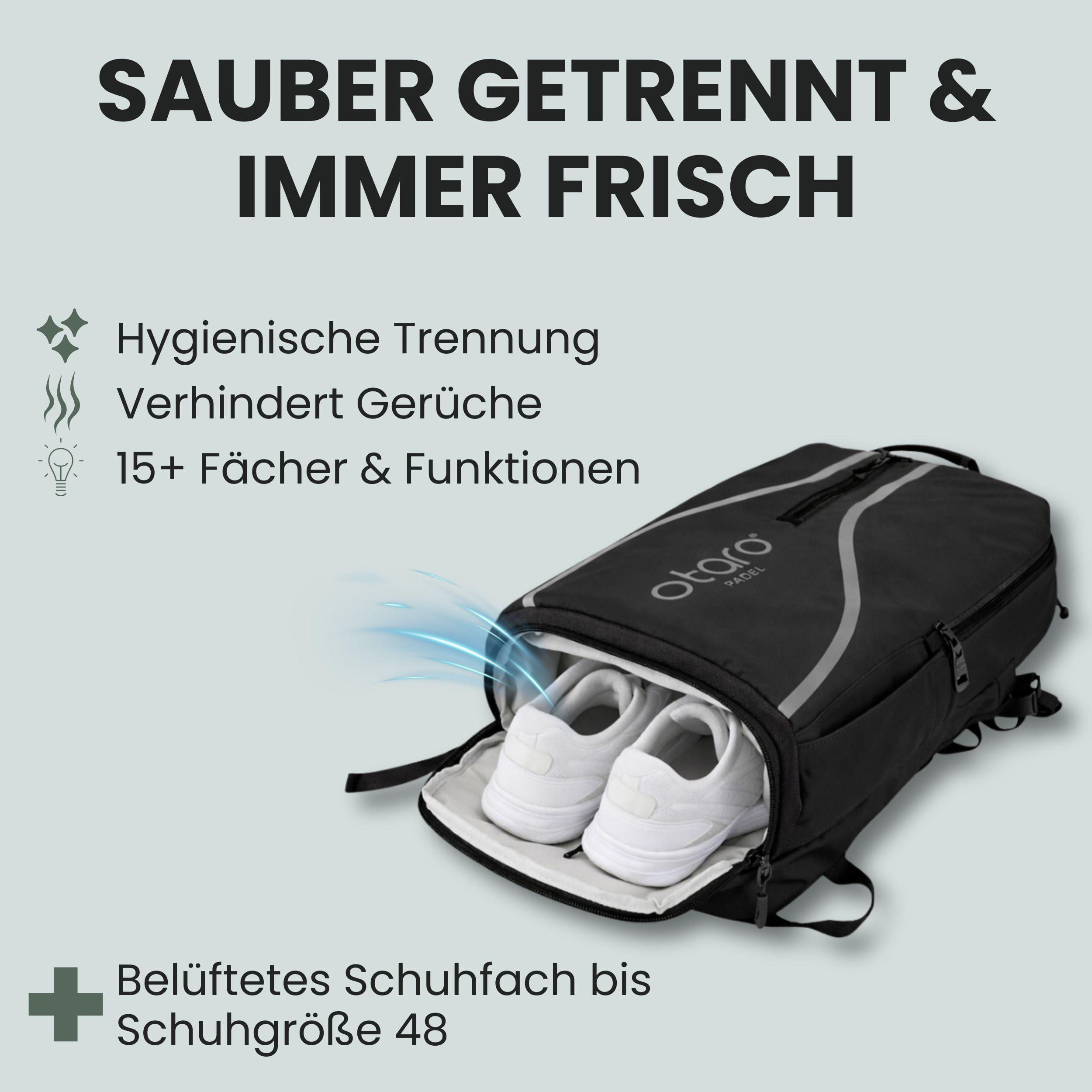 Otaro Padel Rucksack mit Schuhfach, Schlägerfach & Laptopfach | 35L | Padel Tasche für 2 Schläger, Kleidung & Zubehör | Belüftet, Gepolstert & Stylisch | Tennistasche für Herren & Damen
