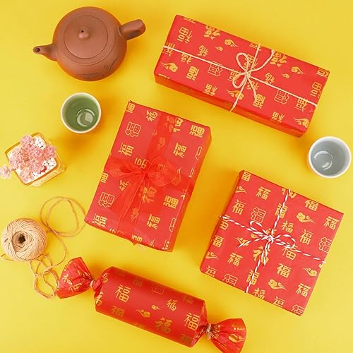 Miniatura 3 de 100 hojas de papel de seda chino FU de oro rojo a granel, 20 x 14 pulgadas, papel de seda dorado con diseño de FU para festivales de primavera