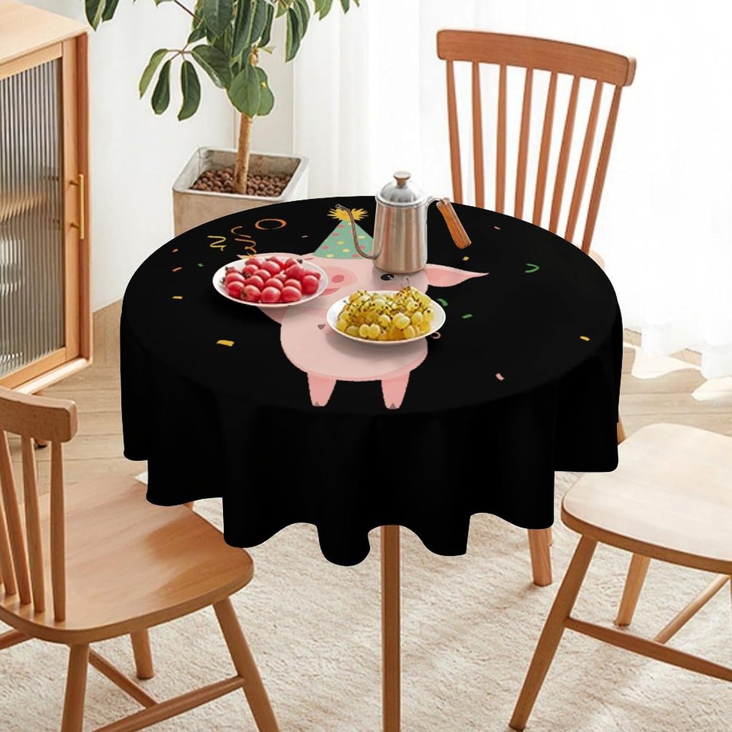 Piglet with Party Hat Round Tablecloth Water Resistant Table Cloth Decorative for Picni Camping Dining 70x70in