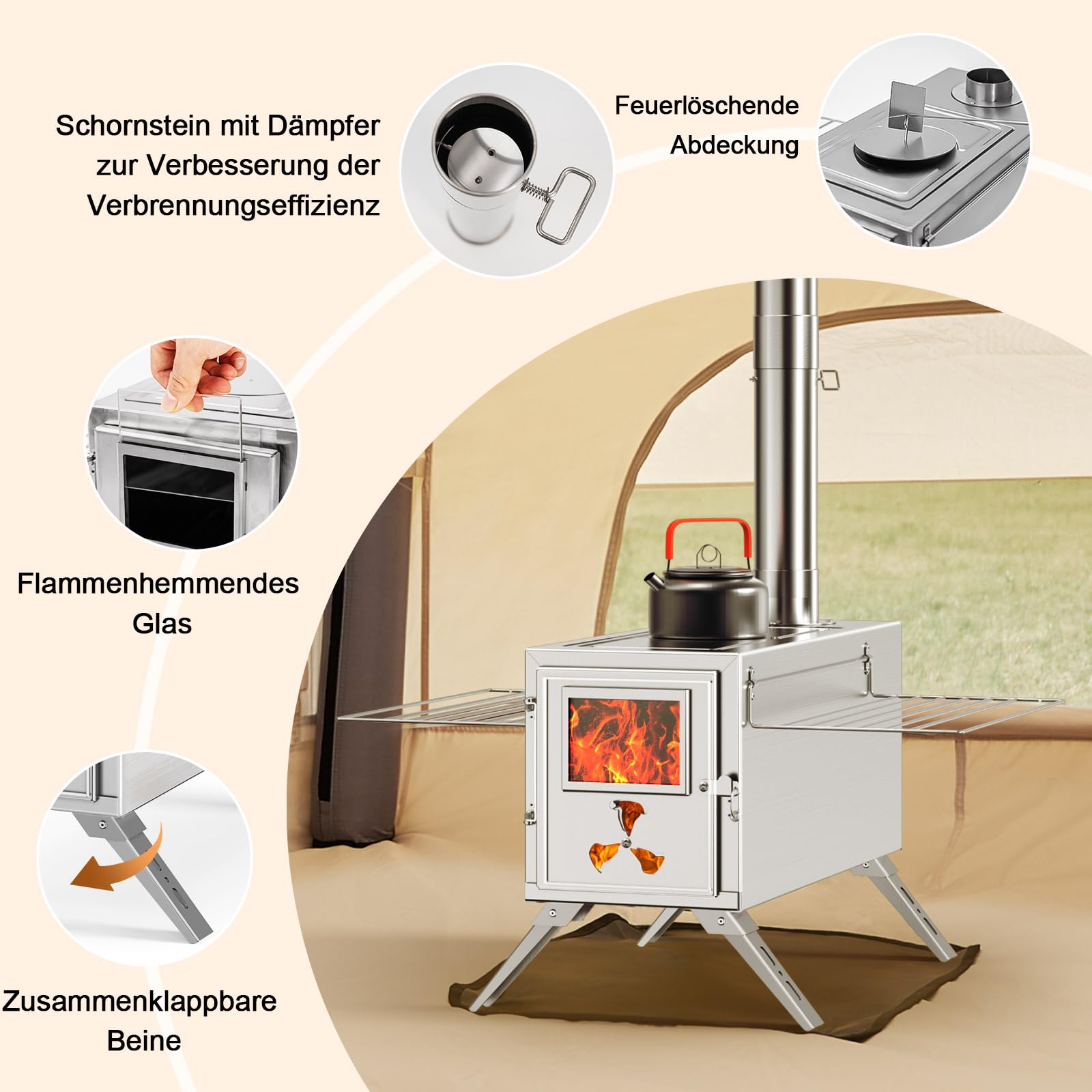 Ytaoeo Camping Zeltofen mit Schornstein, Holzofen für Zelt (Zeltofen) | Edelstahl Tragbarer Faltbarer Heißzeltofen mit 7 Kaminrohren für Outdoor, Camping, Kochen, Grillen, Wandern, Angeln, Jagd
