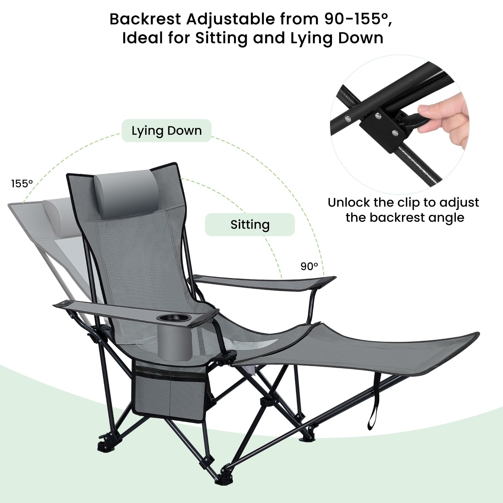 WOLTU Campingstoel, klapstoel, set van 2, vouwstoel, vissersstoel, opvouwbaar, voor outdoor, camping, tot 150 kg belastbaar, met armleuningen en bekerhouder, grijs