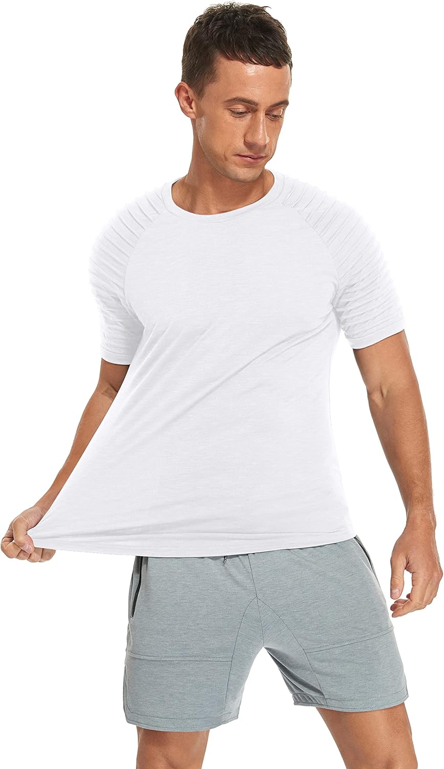 NITAGUT Men's Muscle Workout T-Shirt Pleated Raglan Short Sleeve Gym Athletic Fashion Tee Top
