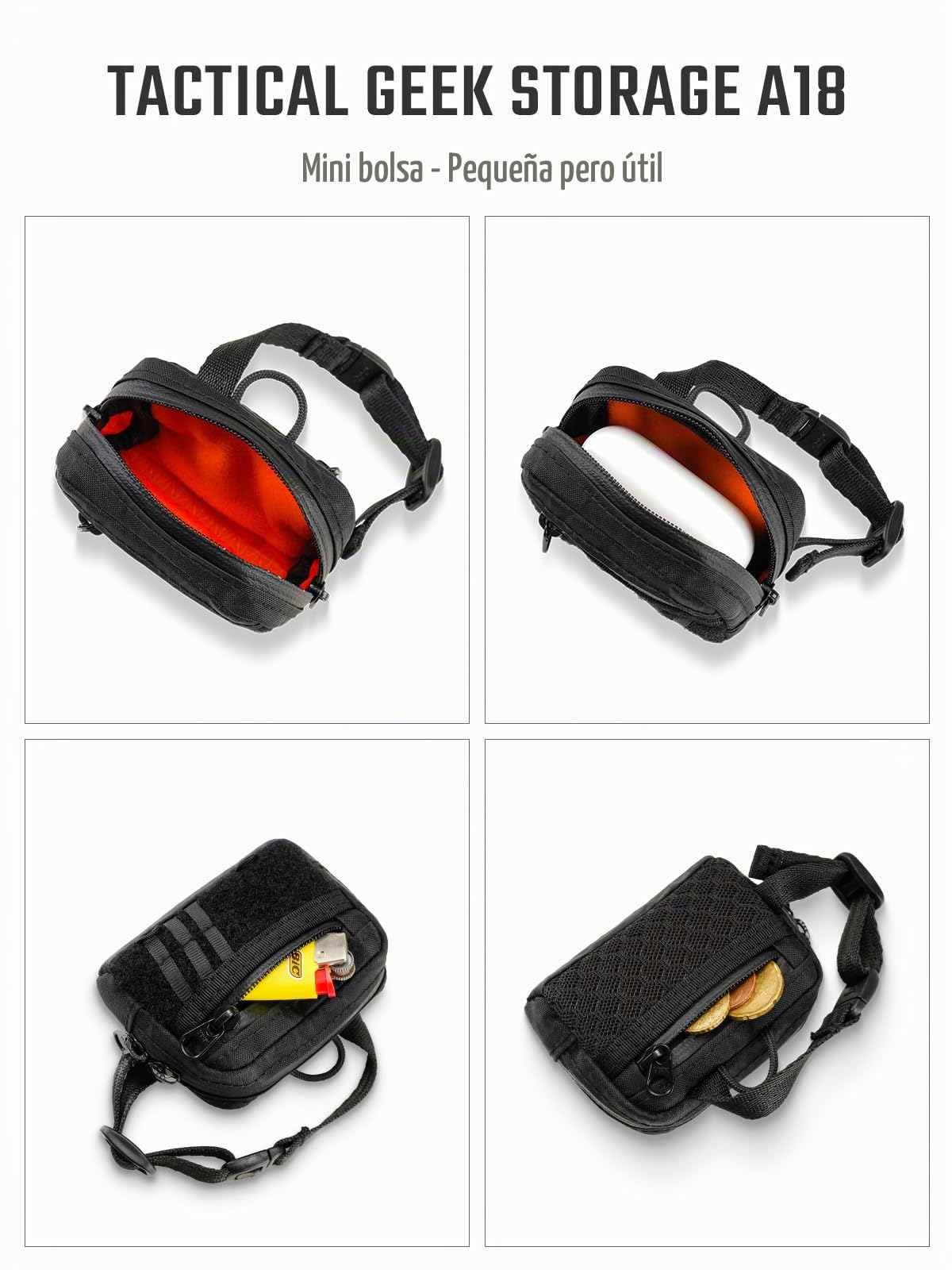 TACTICAL_GEEK Storage A18 EDC Utility Pouch - Bolsa compacta para auriculares inalámbricos con cierre rápido, mini monedero, para uso diario, viajes al aire libre, Negro , mini, Monedero