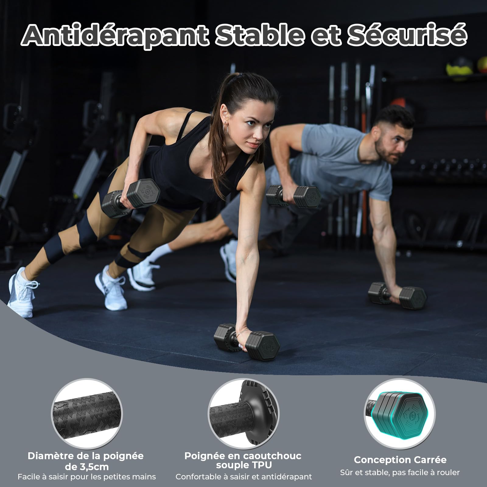 Dripex Lot de 2 Haltères Musculation Réglables, Dumbbell Hexagonal 2,5 kg 5 kg 7,5kg Poids Musculation avec Poignée pour Femme Homme Gym à Domicile Entraînement