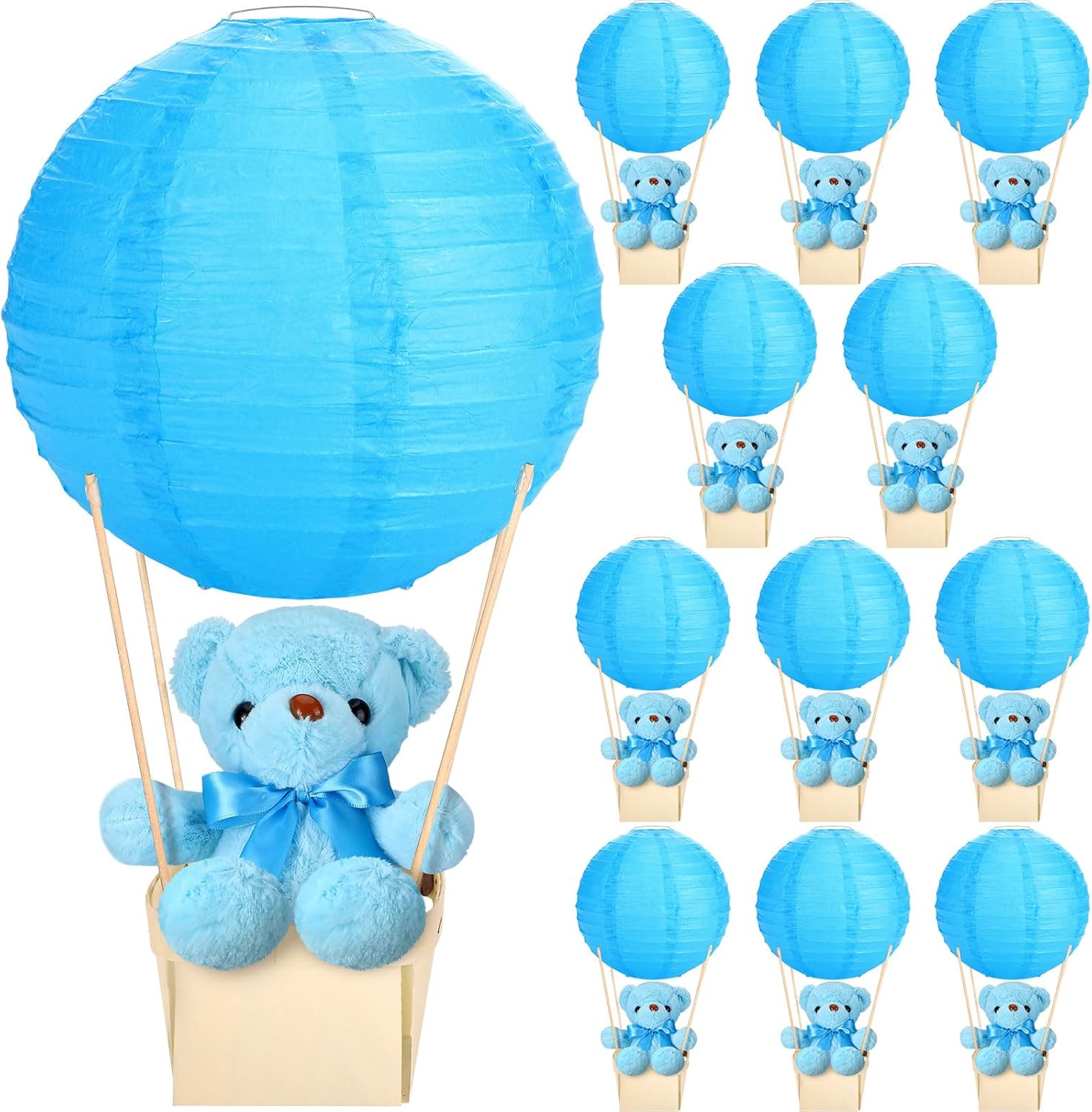 Baquler 12 Sets Baby Shower Hot Air Balloon Table Centerpieces DIY Paper Lanterns Stuffed Plush Bear Wooden Baskets for Wedding Birthday Gender Reveal (Beige White,Solid Style)