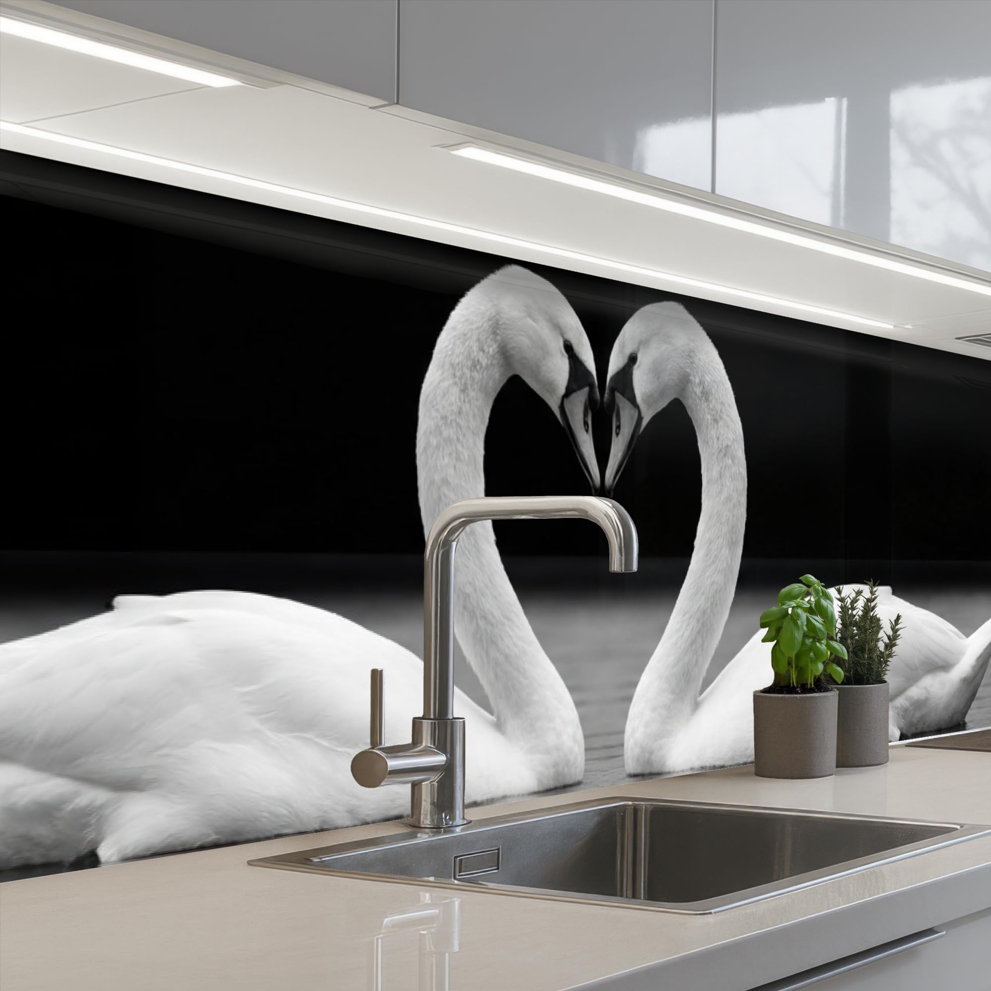 KitchenYeah© Splashback for kitchen 24"x98" / 60x250 cm self-adhesive Sink Splash Splatter Guard Splashbacks Walls Swans - Heart - Black - White