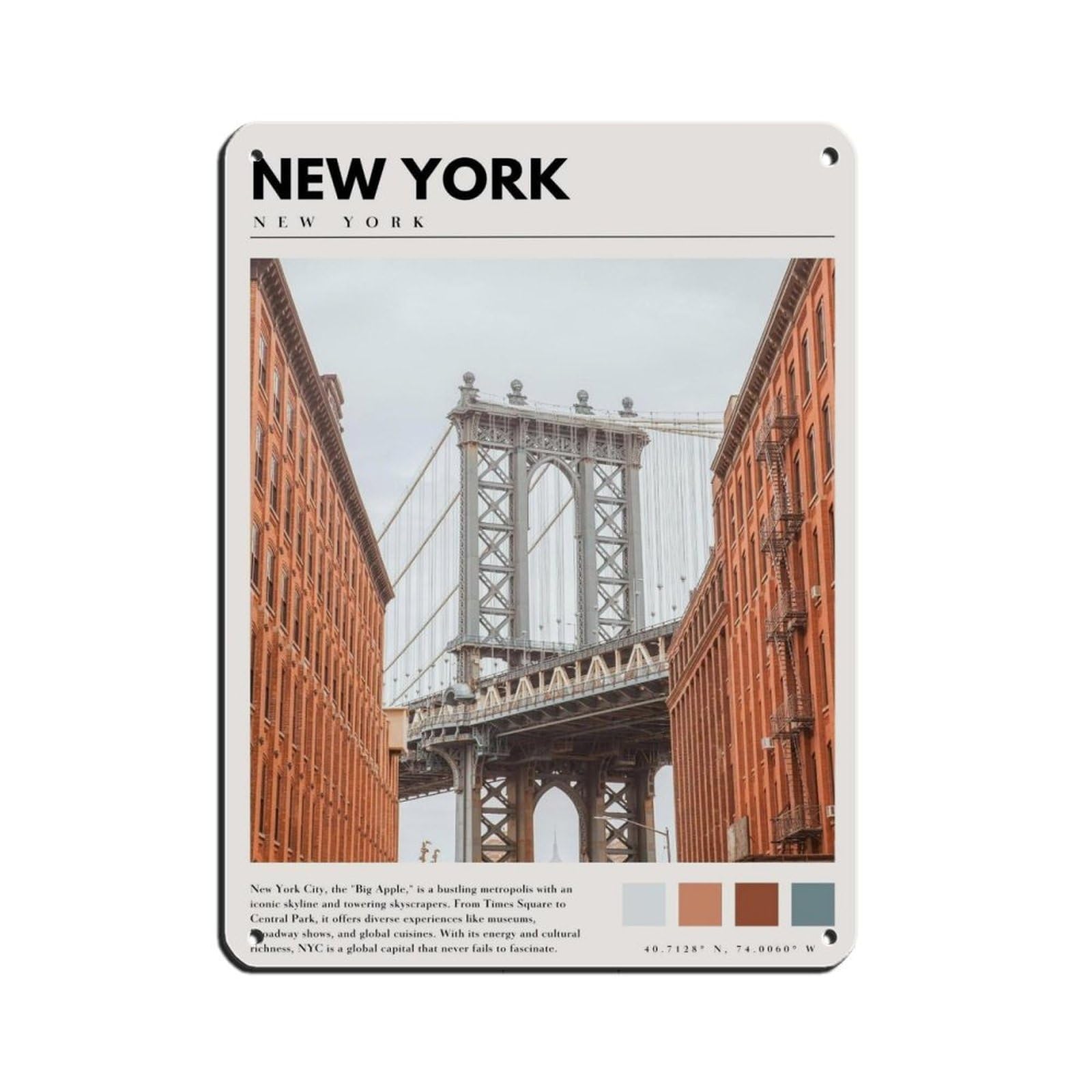 New York Poster Manhattan Bridge Art Tin Sign Vintage Metal Pub Club Cafe Bar Home Wall Art Decoration Poster Retro 12x16inch(30x40cm)