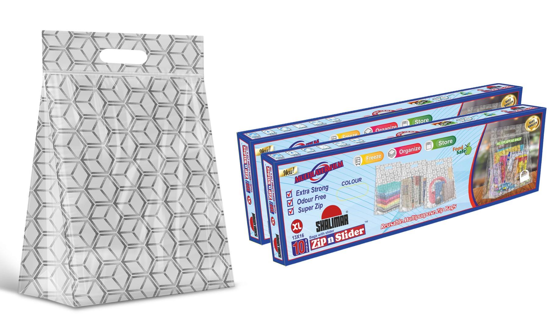 Shalimar Zip 'N' Slider Bag Press Fit (Reusable) Size (Extra Large) Zip Lock/MultiPurpose Shopping Bag With handle Pack of - 2 (20 Bags) Color - Silver