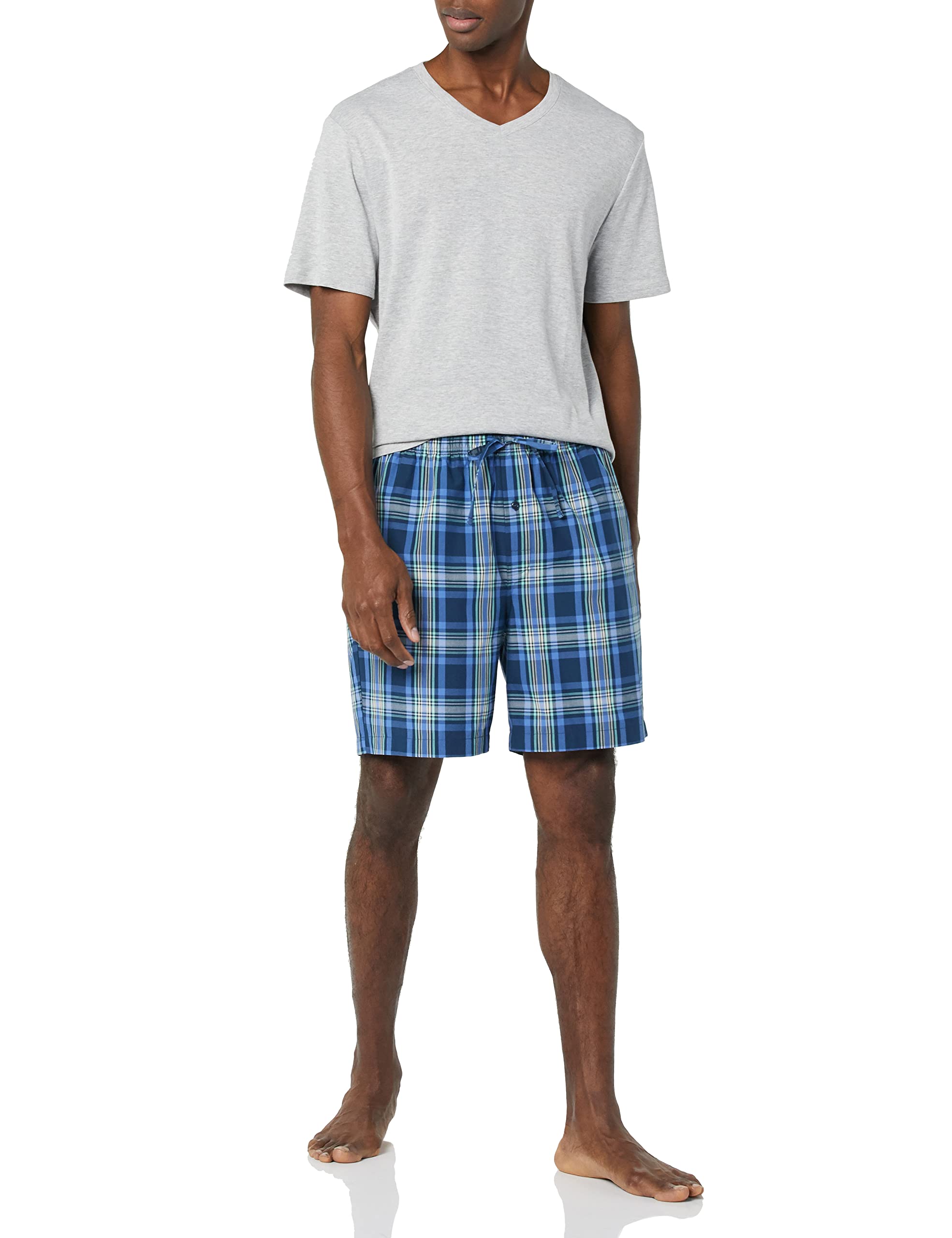 Amazon Essentials Men's Cotton Poplin Pajama Short With Cotton T-shirt Set, Grey Heather/Navy Plaid, XX-Small