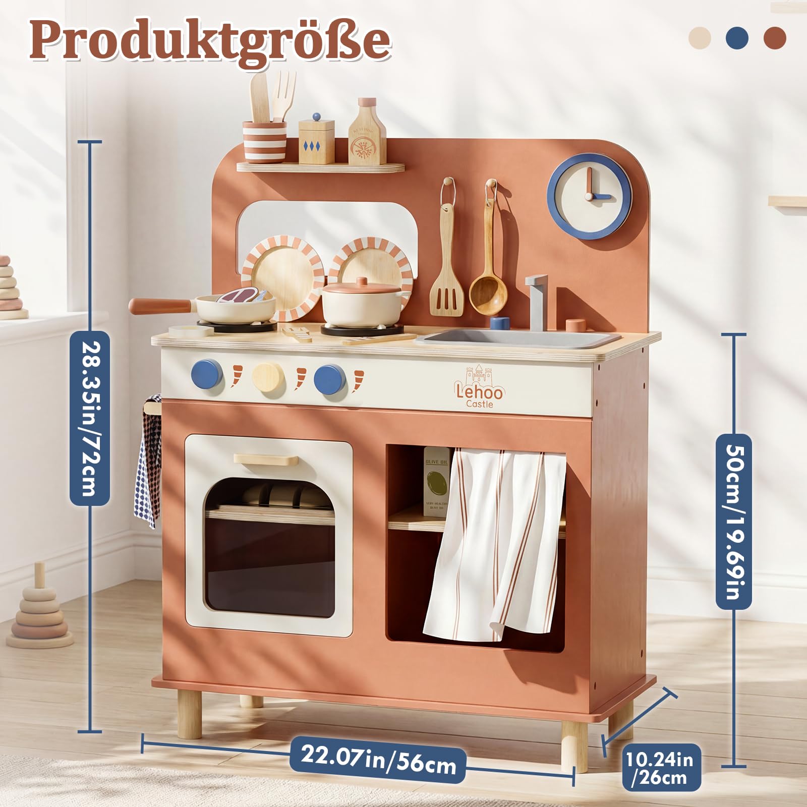 Lehoo Castle Kinderküche Holz, Spielküche mit Spielzeugtöpfen und -Pfannen, Kinder Küche mit Kochset, Puppenküche, Spielzeug ab 3 Jahre Mädchen Jungen