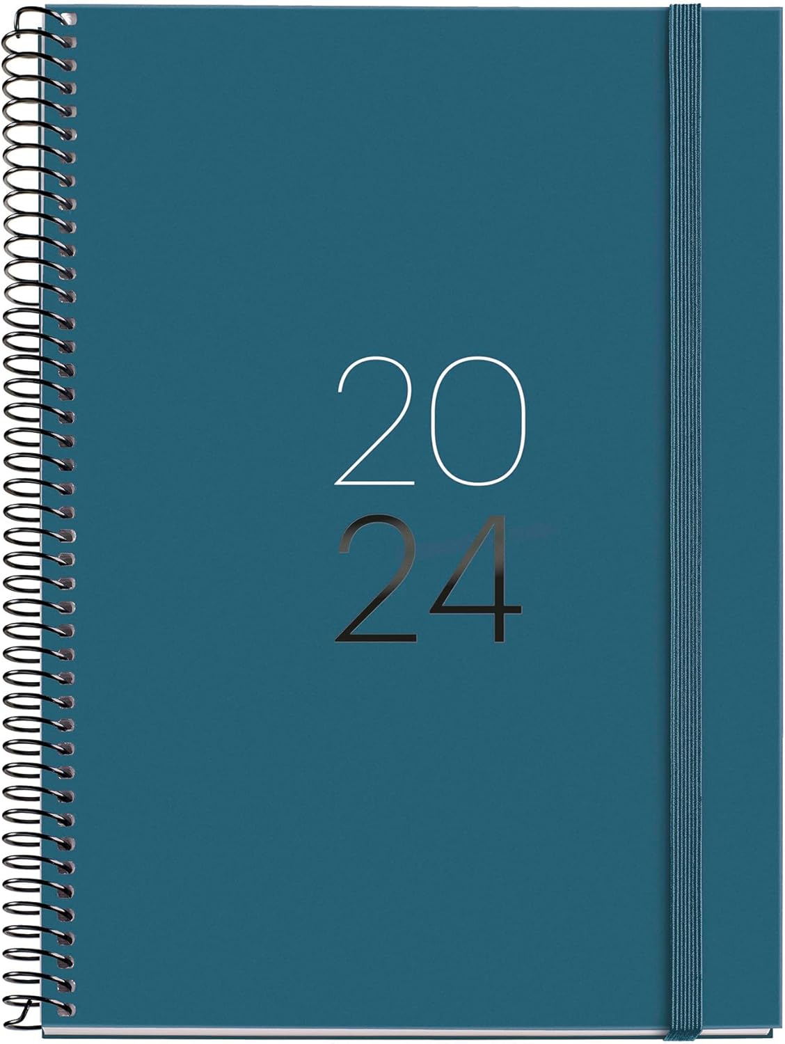 Miquelrius - Annual Planner 2024, Week to View, Plus Size 155 x 213 mm (similar A5), Hard Cover, Spiral Binding, Elastic Closure, Spanish, English and Portuguese, Ocean