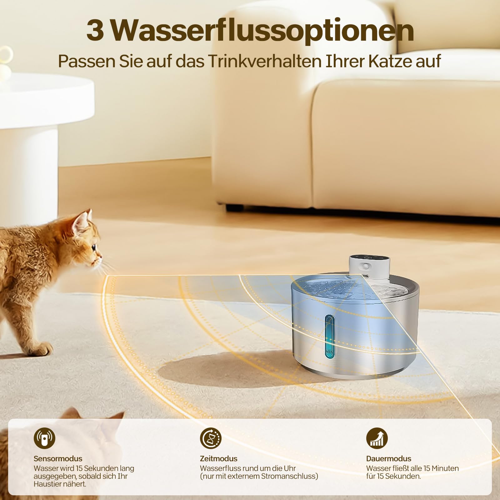 Fontana per gatti senza fili con rilevatore di movimento, 4200 mAh, alimentata a batteria, 4,1 l, in acciaio inox, per gatti con pompa dell'acqua silenziosa, fontana per acqua per gatti facile da