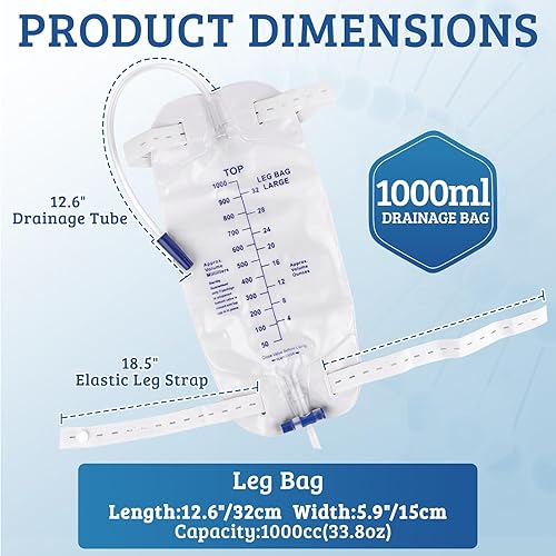 Miniatura 2 de Paquete de 5 bolsas de catéter fáciles de tocar con válvula antirreflujo  Bolsa de orina sin látex de 33.8 fl oz con correas de tela ajustables