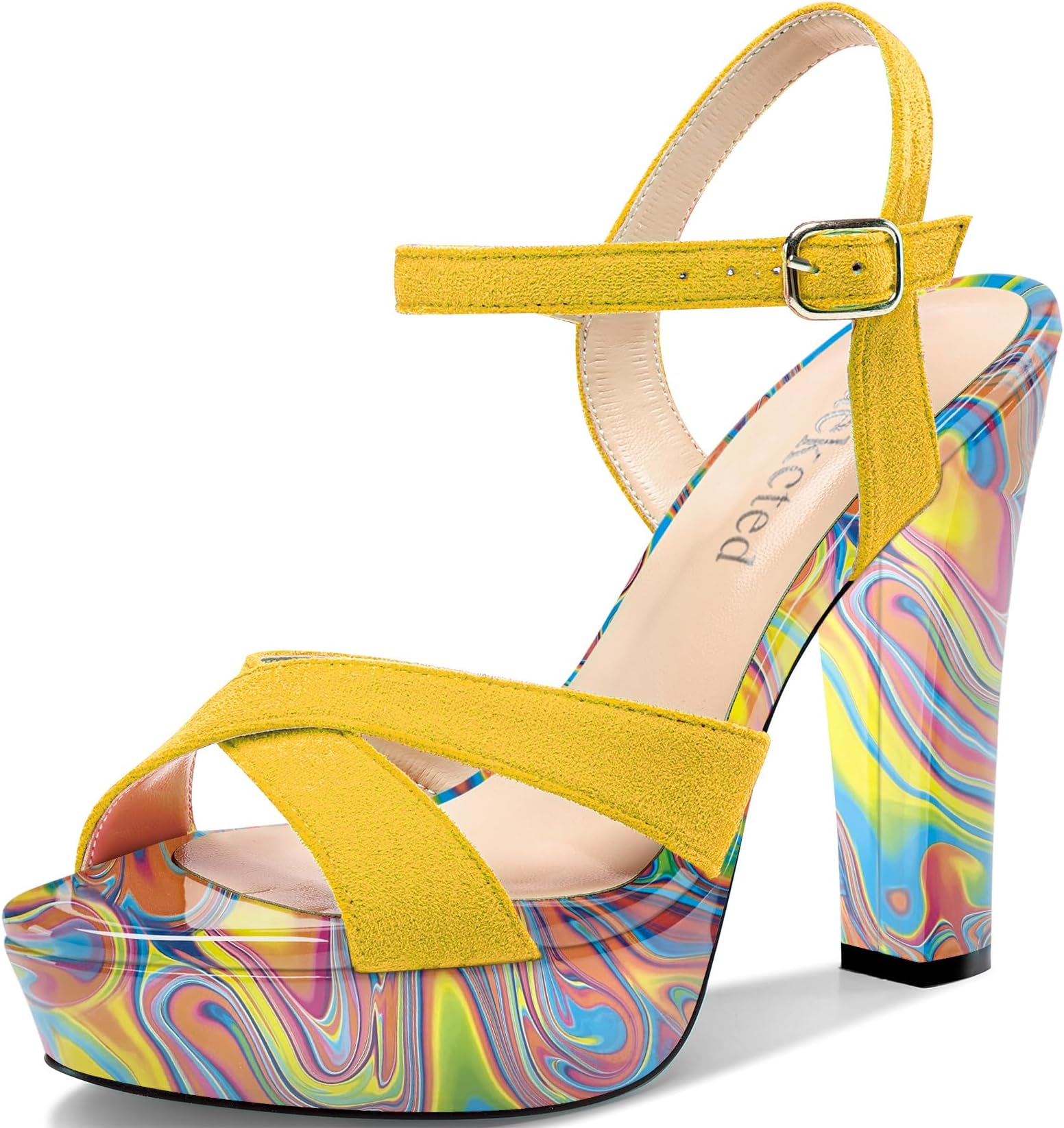 Womens Chunky Block High Heel Open Toe Platform Ankle Strap Sandals Cross-Strap Patchwork Dress Shoes Casual Summer 13 CM Heels