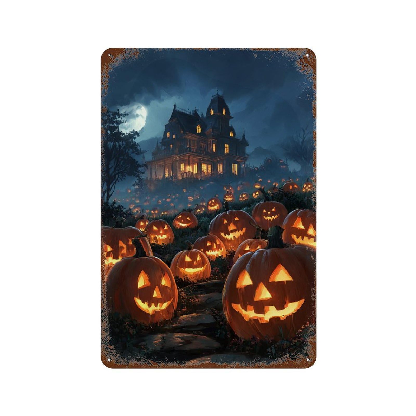 Halloween Haunted House Scene-4 11.8"x7.9" Retro Metal Sign, Vintage Wall Decor for Office, Studio And Wall Decor