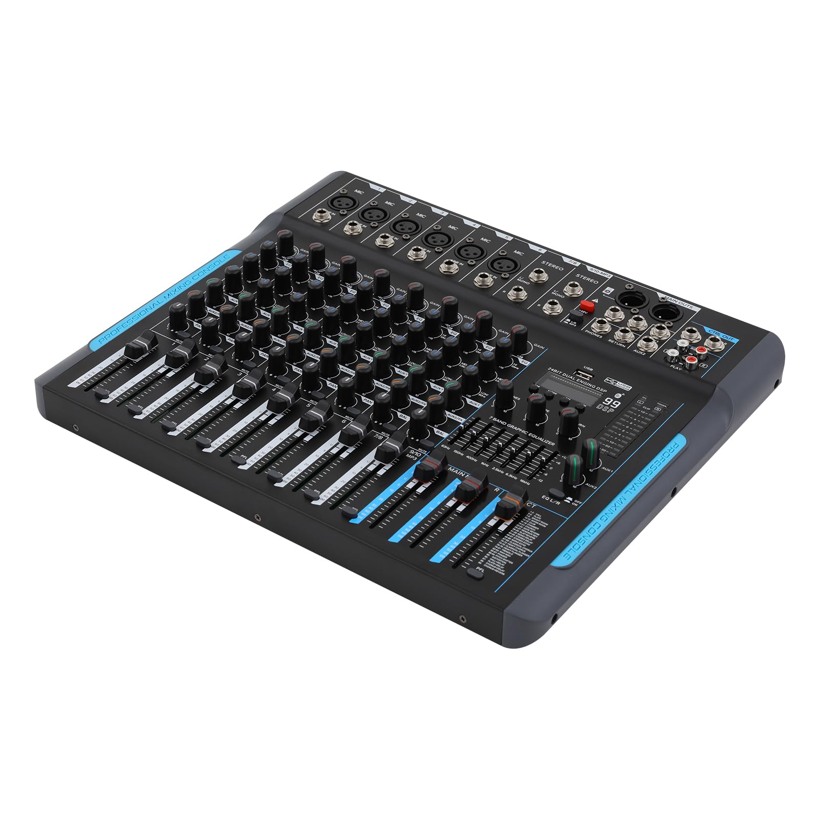Consola de mezclador de sonido estéreo profesional de 10 canales | Mezclador de audio Bluetooth Studio Mixer con 99 efectos DSP | Mixpult con unidad USB + alimentación fantasma de 48V | Mezclador de