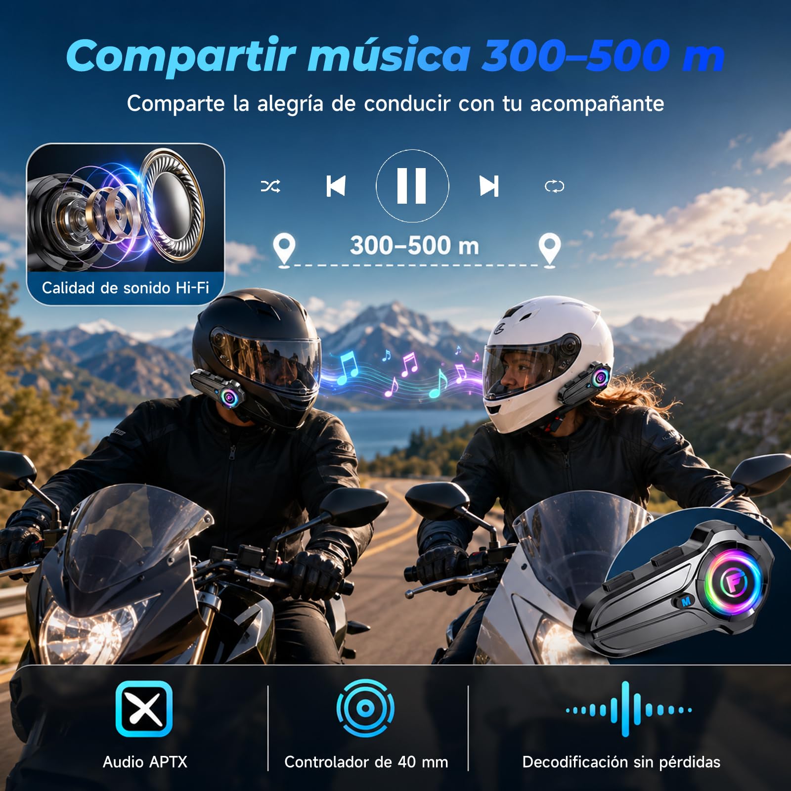 F10Pro Intercomunicador Casco Moto para 2 Personas, Comunicador Casco Moto Bluetooth 5.3, Emparejamiento Universal, Alcance de 1000m, Cancelación Inteligente de Ruido, IP67, Llamadas Manos Libres