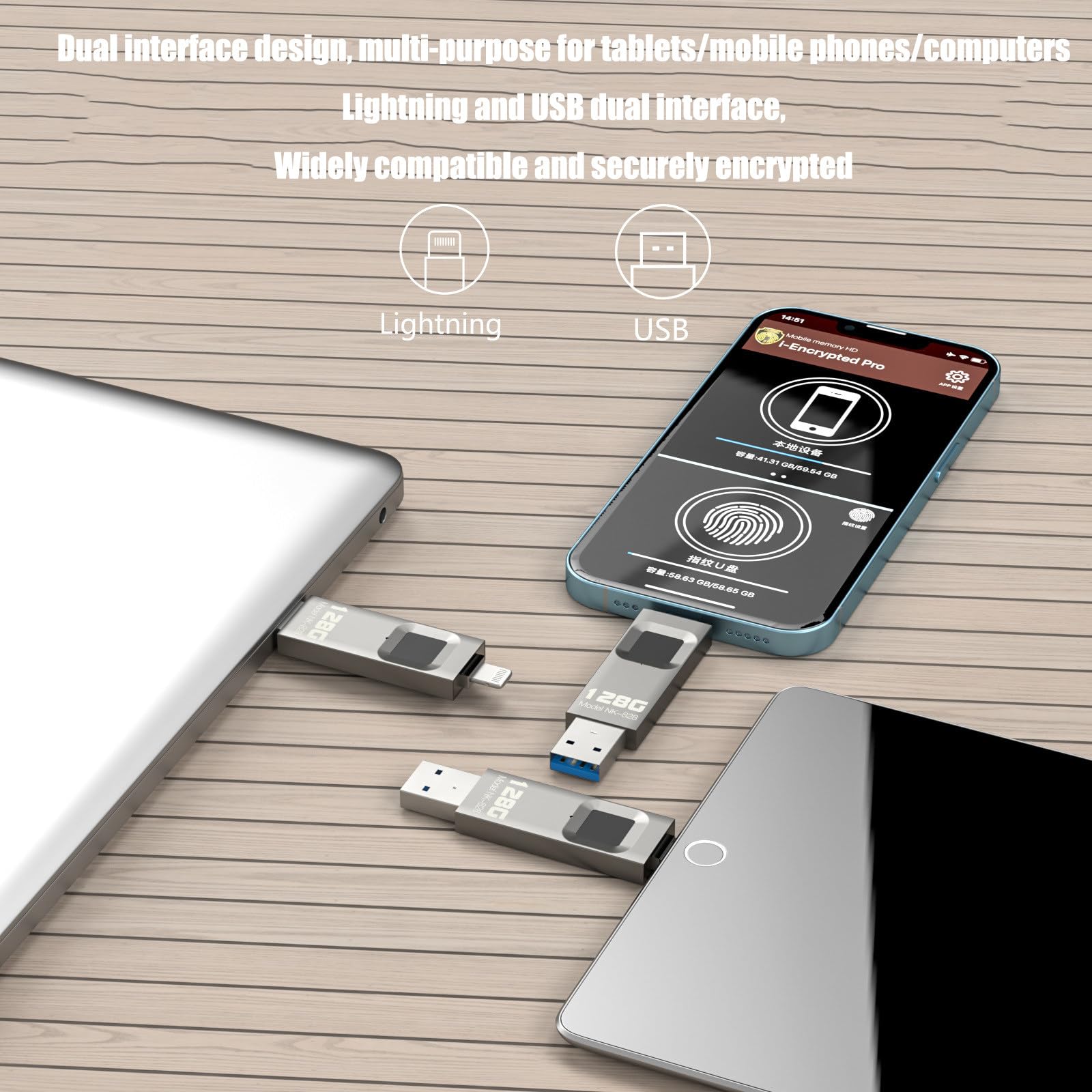 Unidad flash USB de huellas dactilares, disco U cifrado de 128 GB para dispositivos móviles, compatible con interfaz iOS y USB