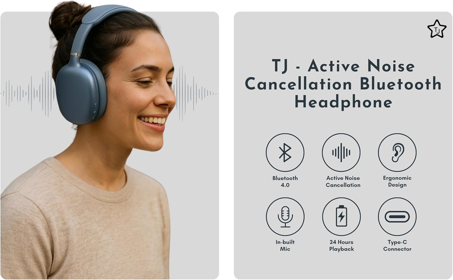 TJ Active Noise Cancelling Bluetooth Over Ear Headphones | Supersoft Leather Wireless Headset Wired Built-in MIC 24H Playtime High Res Audio Travel/Work/School/Students/Running/Gym (Blue) - Image 2