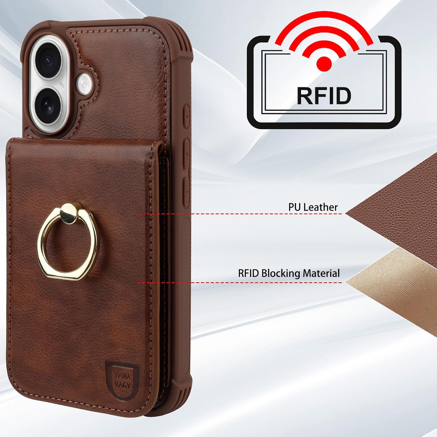 VANAVAGY Compatible for iPhone 16 Plus Wallet Case with Credit Card Holder Coin Pocket [360° Rotation Ring Kickstand], PU Leather Magnetic Clasp Flip Phone Cover for Women Men 6.7 Inch, Brown