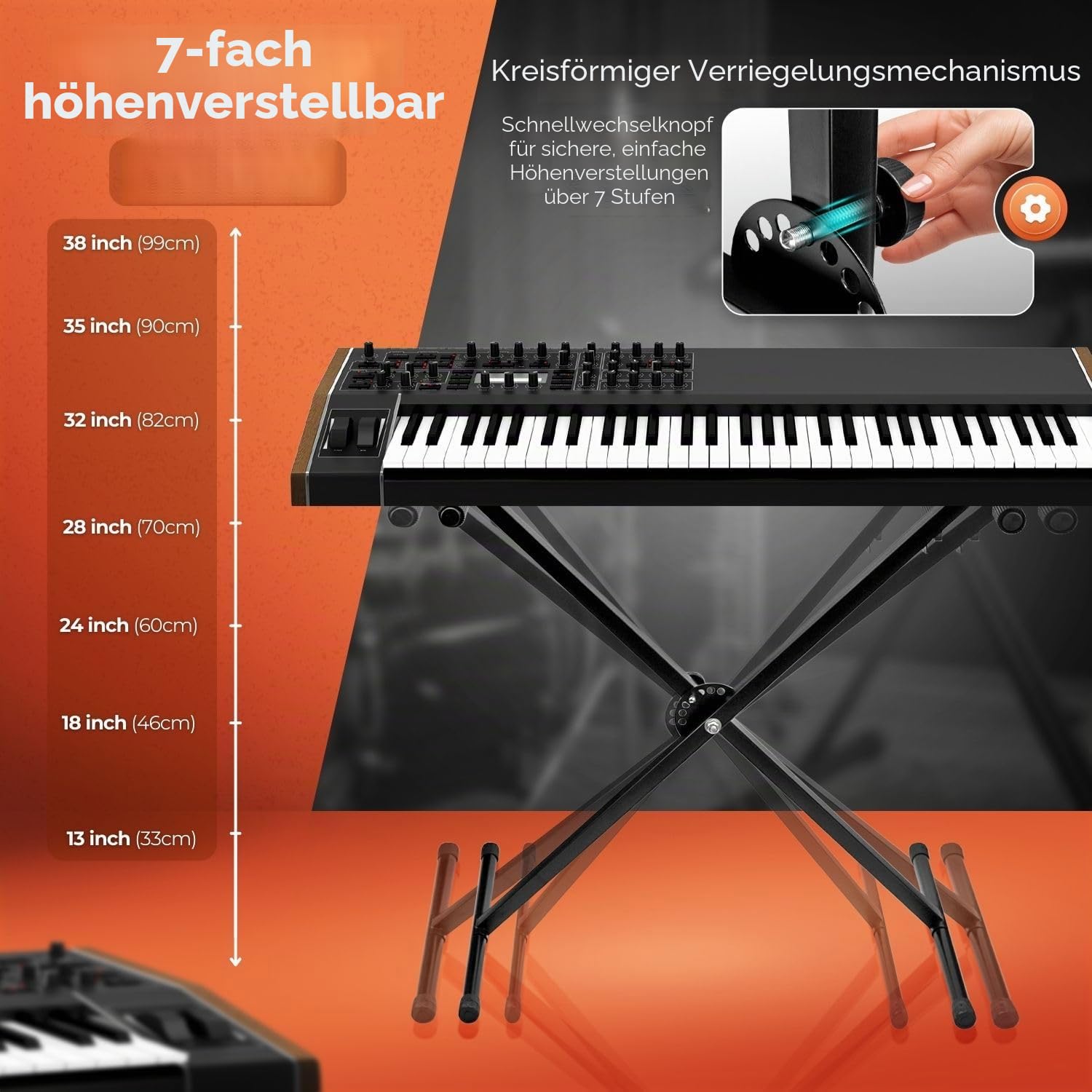 Flexzion Klassischer Keyboard-Ständer für Musiker, elektronisches Klavier, Orgel, Einzelrohr, X-Typ, 7 Positionen, zusammenklappbar, höhenverstellbar, Metallstreben, tragbar, mit Verriegelungsriemen