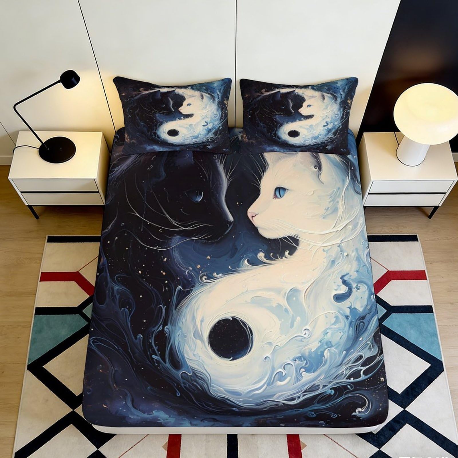 3D Printed Yin Yang Cat Fitted Sheet Microfiber Soft Black White Artistic Mattress Cover Bedroom Decor 90x200x25cm