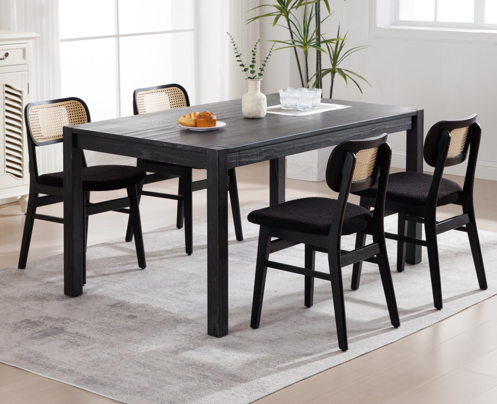 EALSON Mid-Century Modern Dining Chairs, Set of 4, Sherpa Black, Furniture with Breathable Rattan Back, High-Density Foam Seat, Solid Wood Frame, 31.5 inches H x 18.5 inches W x 19.5 inches L