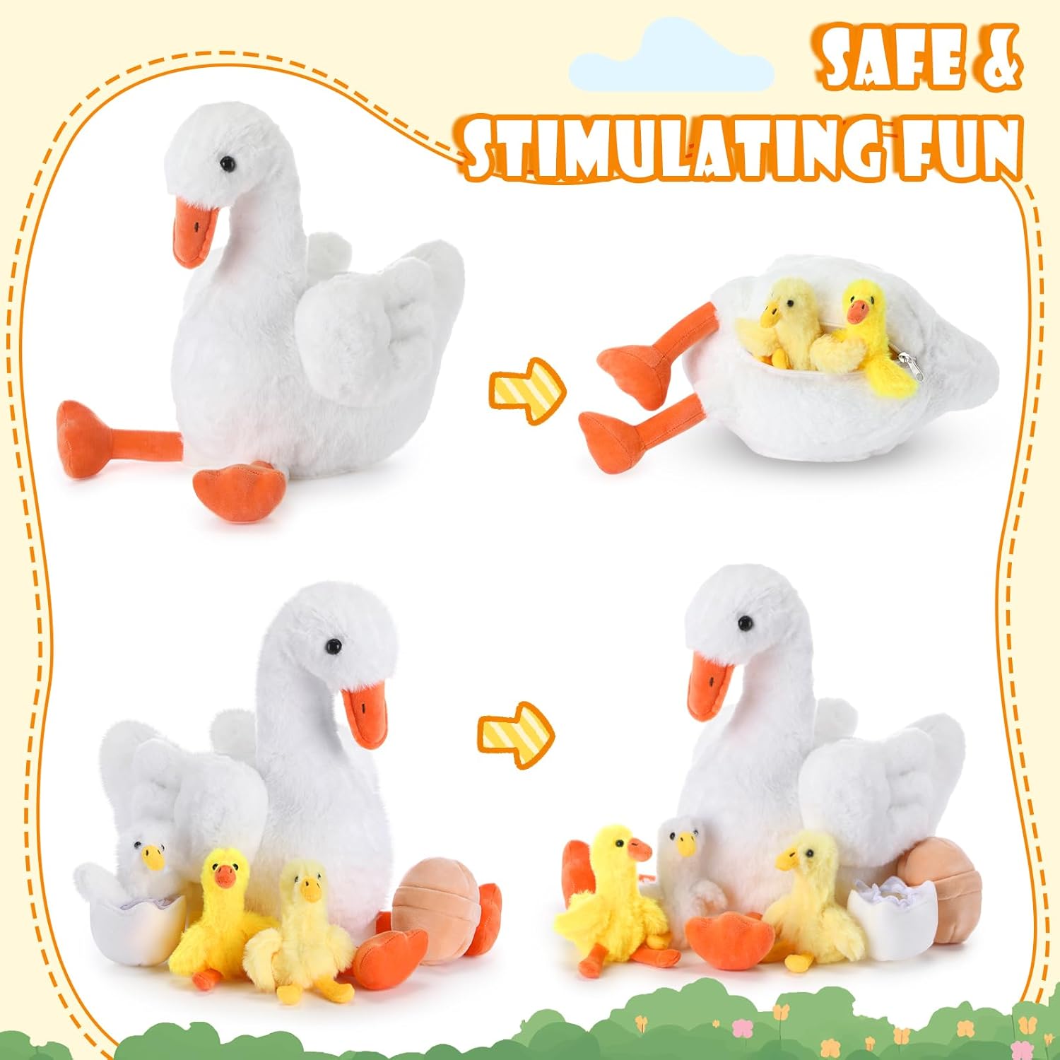 HyDren 5 Pcs Goose Stuffed Animal Family Plush Toy Mother's Day One Silly Goose Birthday Kid Kindergarten Classroom Cute 10 Inch Mommy with 3 Cute Babies in Her Belly Soft Cuddly
