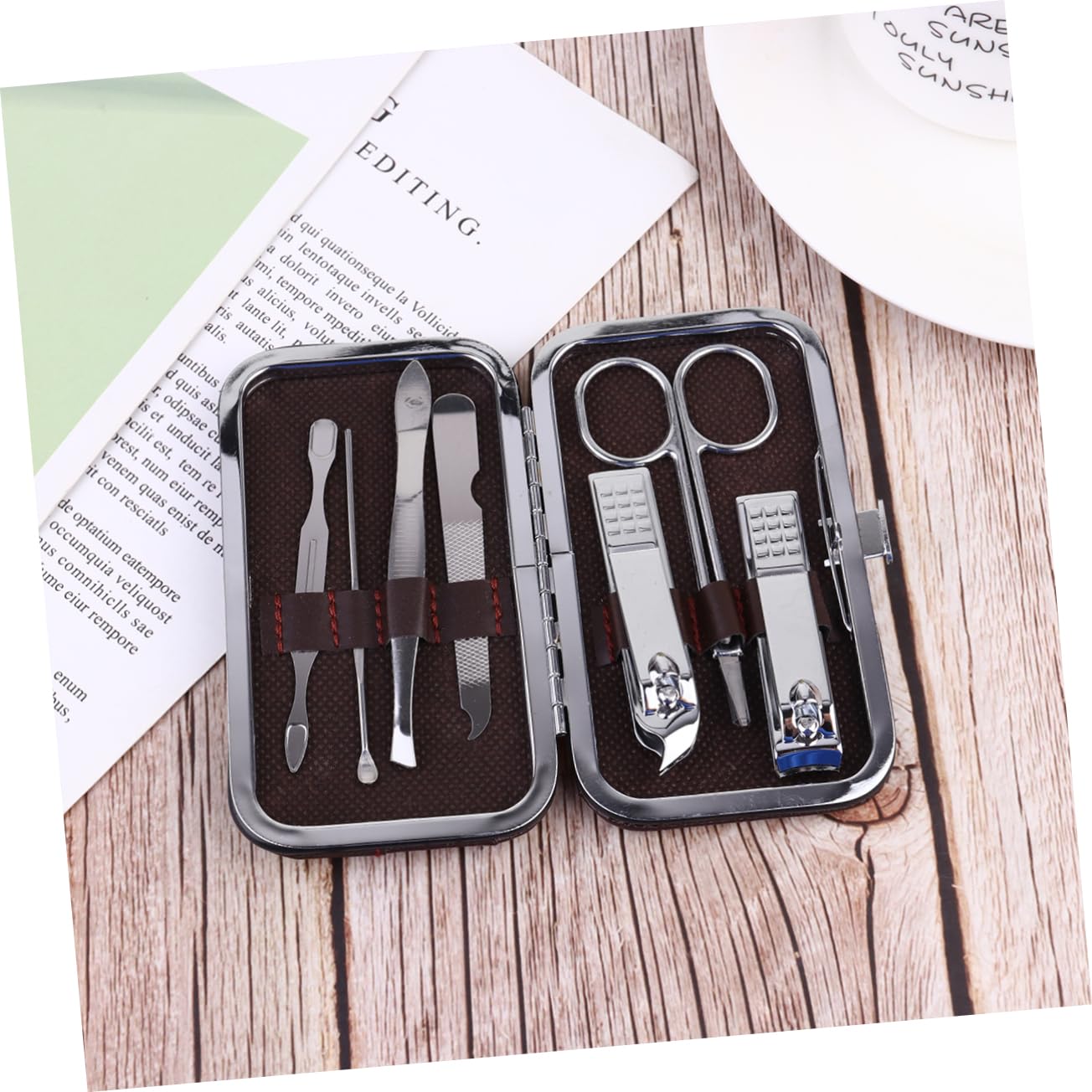 FRCOLOR 7PCS Stainless Steel Nail Care Kit Durable Portable Manicure Set with Ergonomic Design for Men Women for Nail Trimming Eyebrow Grooming Random Leather Case Included