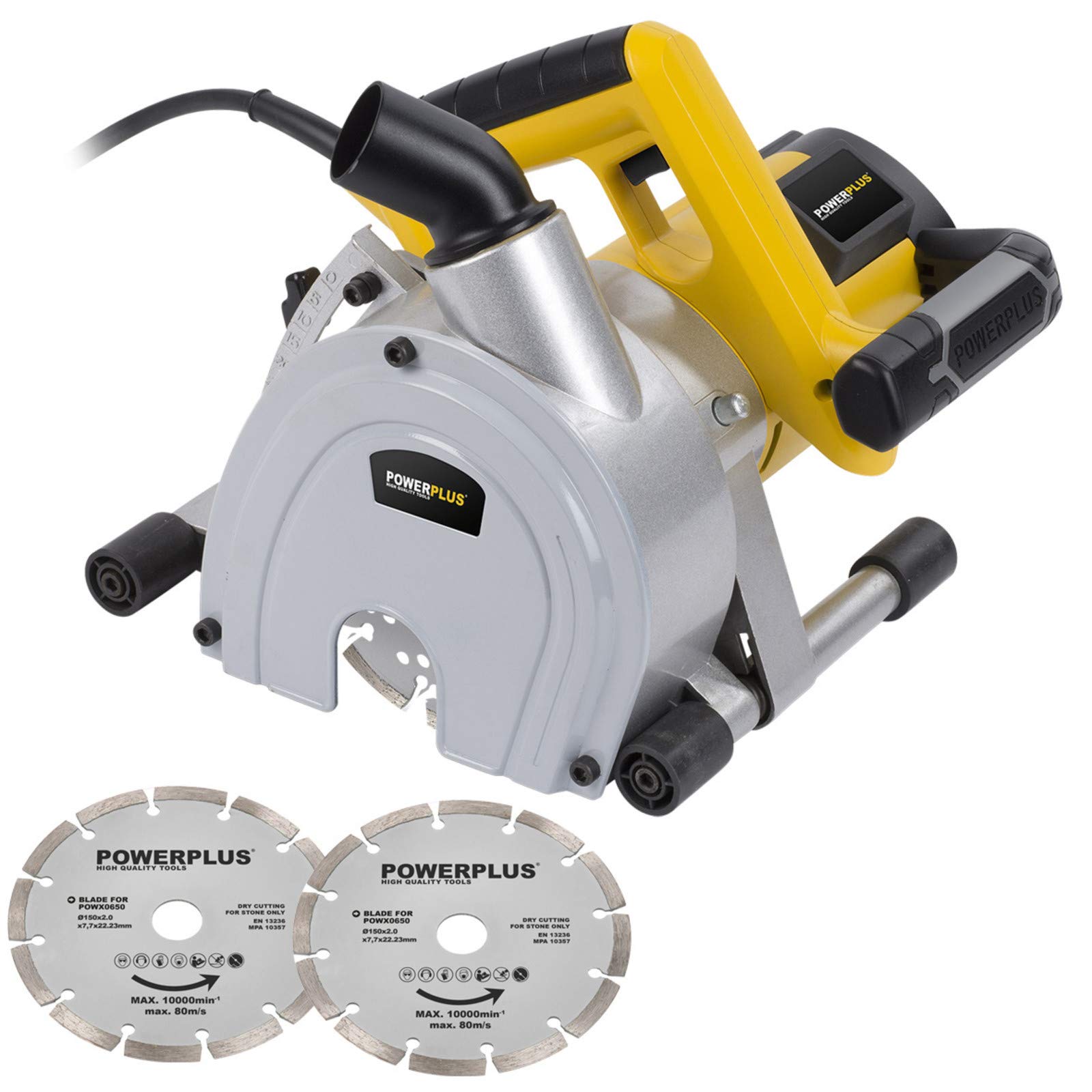 Powerplus POWX0650 - Ranura para pared (150 mm, 1800 W, incluye 2 discos de corte de diamante y estuche, ideal para hormigón, mampostería, paredes de azulejos, suelos