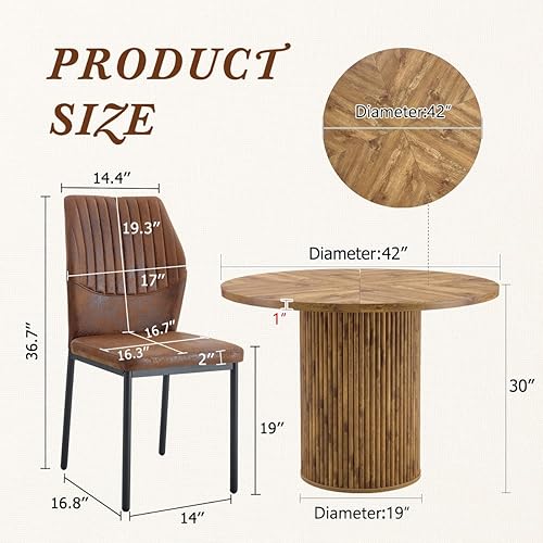 Miniatura 5 de Juego de mesa de comedor redonda para mesa de comedor de madera acanalada de 4,42 pulgadas para 4 con pedestal cilíndrico, juego de mesa y sillas de