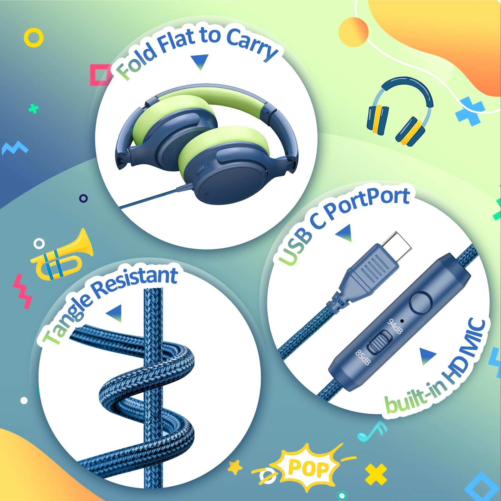Auriculares USB C para niños, auriculares con cancelación activa de ruido para niños, volumen seguro, micrófono HD, sonido estéreo para niñas y niños, cable sin enredos para tablet, laptop, escuela