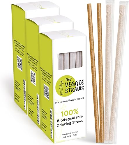 Pajitas 100% biodegradables y ecológicas, 300 unidades 8.25 pulgadas de alto, hechas de fibras vegetales