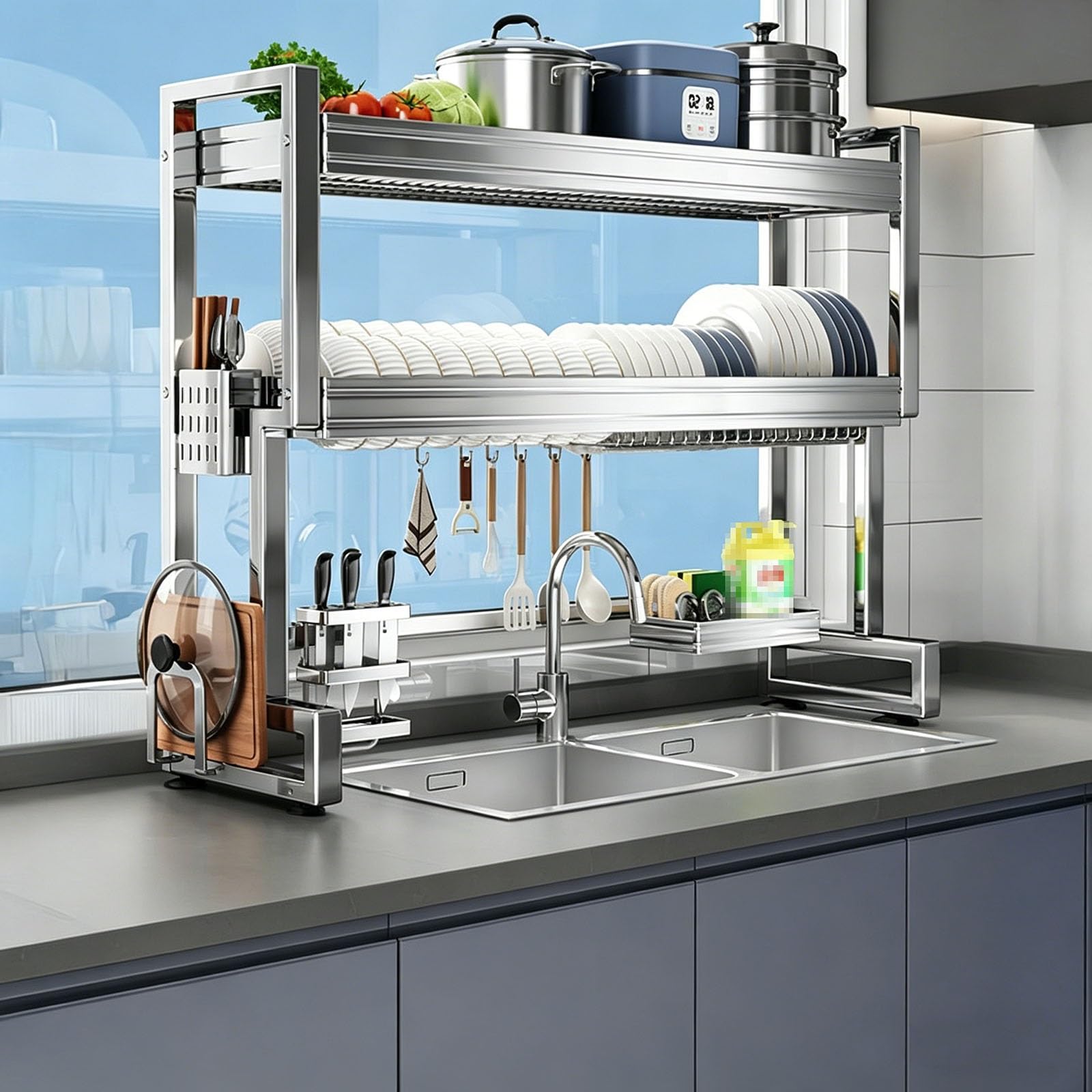Scolapiatti espandibile a 2 ripiani in acciaio inox con scolapiatti con scolapiatti – Soluzione salvaspazio per asciugare i piatti da cucina per piccoli controsoffitti, ideale per uso domestico e
