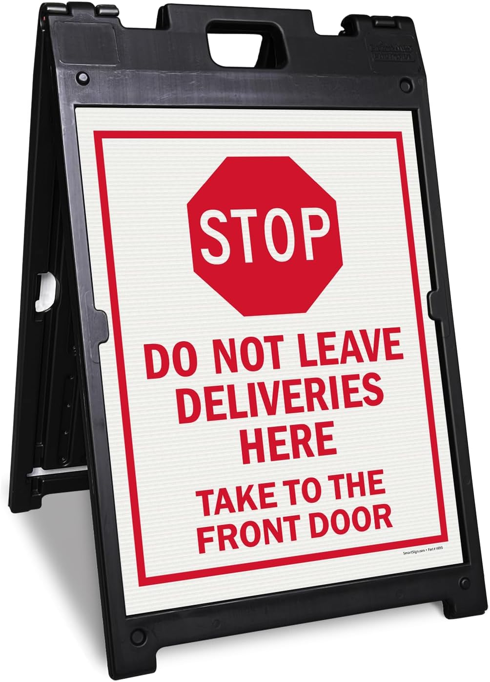 SmartSign 10 x 10 inch “Stop - Do Not Leave Deliveries Here, Take To The Front Door” LawnBoss Yard Sign with 3 foot Stake, 40 mil Laminated Rustproof Aluminum, Red and White, Set of 1, Made in USA