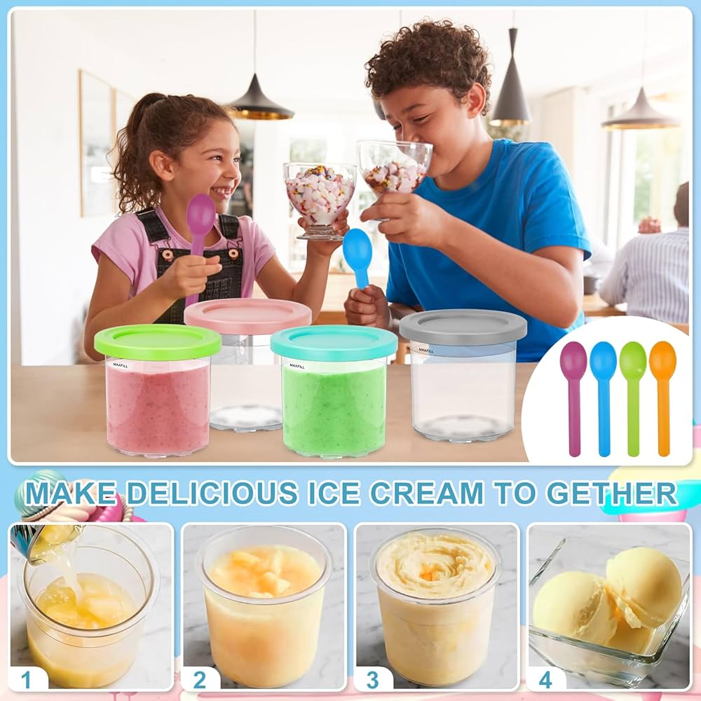 Contenitori per Gelato per Ninja Creami, 4 Pezzi Vaschette per Gelato con Coperchi y 4 cucchiai, Vaschetta Contenitore Gelato per Ninja Gelatiera NC301, NC300, CN305A, NC299AMZ, CN301CO Serie