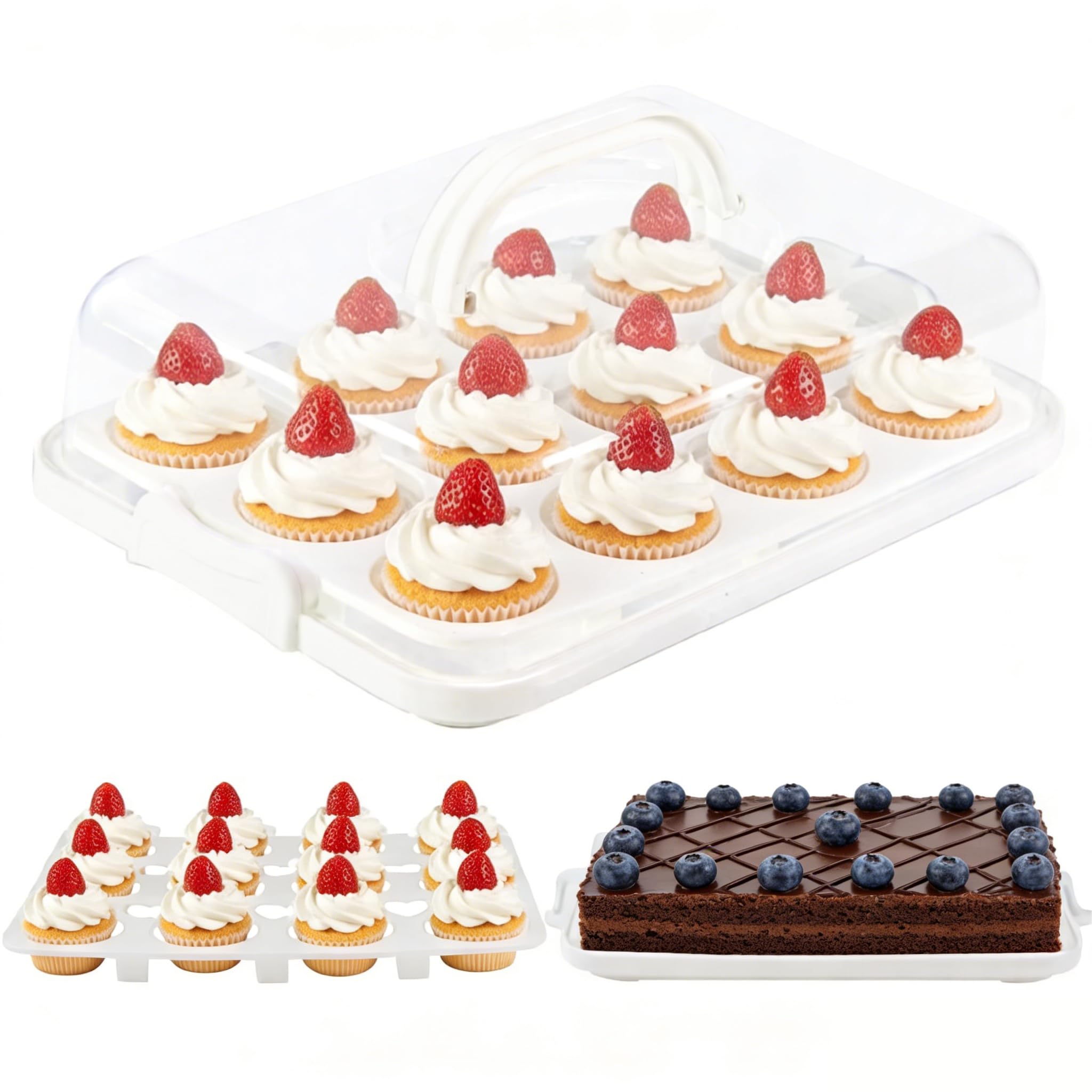 Soporte para tartas con tapa, contenedor para 12 magdalenas, contenedor portátil 2 en 1 para postres para pasteles, magdalenas y adoquines (blanco)