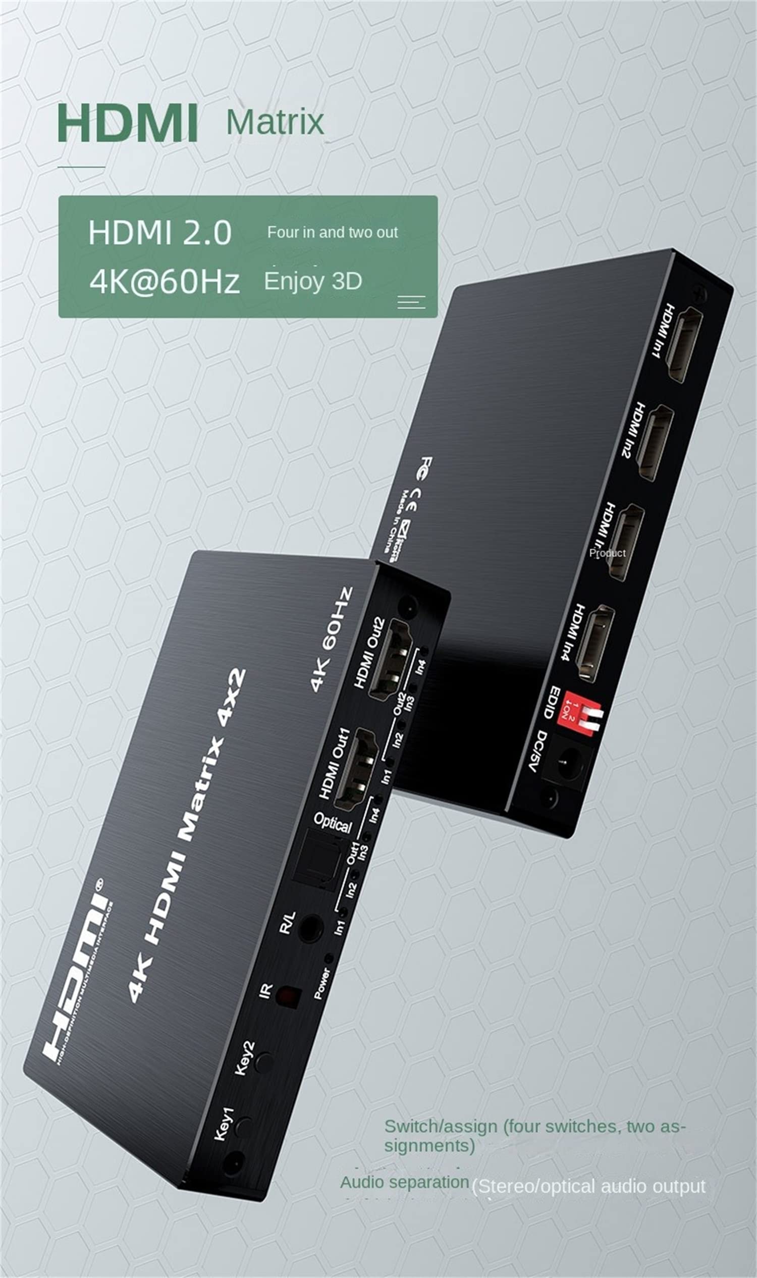 4K HDMI Matrix 4X2, HDMI True Matrix Switch Conmutador 4 w 2 wyjścia 4K 60Hz HDMI Matrix rozdzielacz przełącznik z optycznym EDID do PS4 PC (4X2)