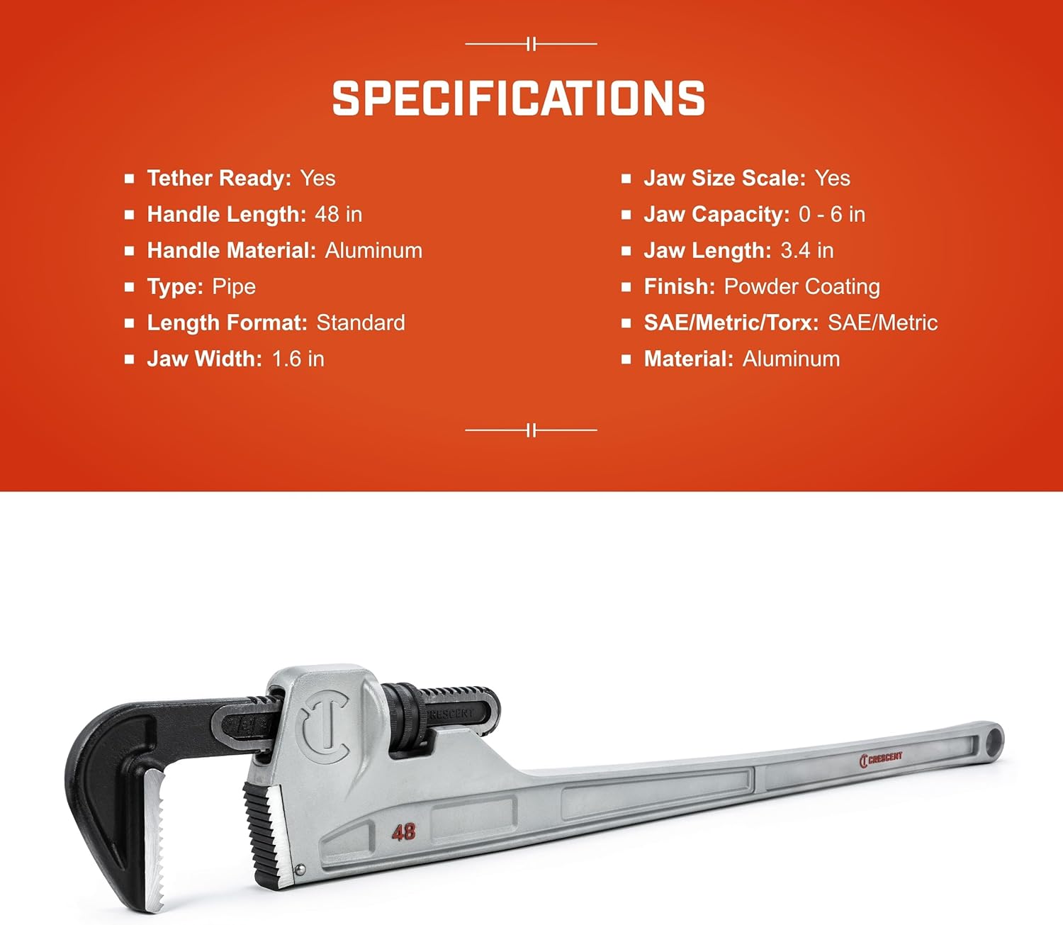 Crescent Aluminum Pipe Wrench - Plumbing, Mechanic, Home Improvement & Repair Tool - Adjustable Wrench - 48" - CAPW48