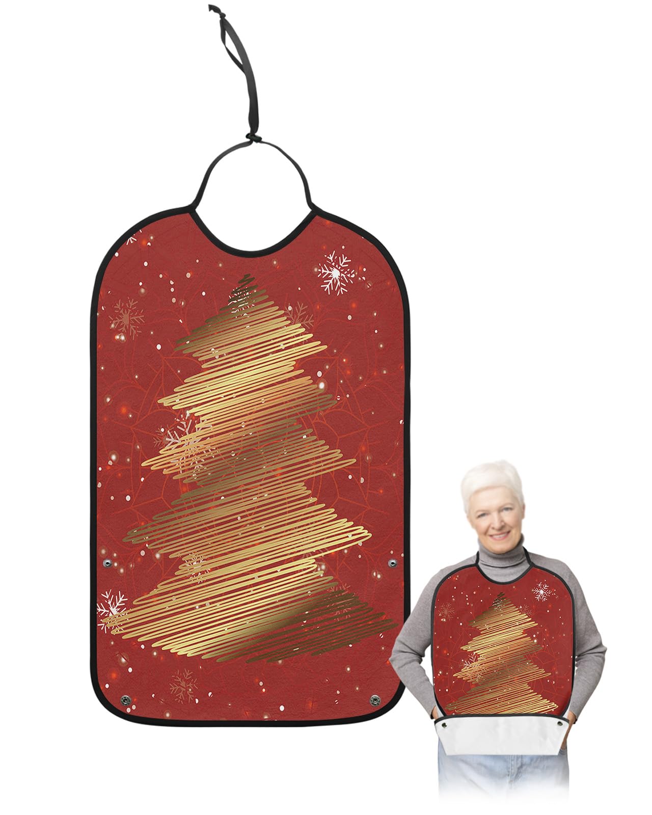 LEOKOTI Christmas Tree Adult Bibs for Eating, Waterproof Bibs with Food Catcher & Adjustable Snap Closure, Snowflake Golden Xmas Tree Red Washable Clothing Protectors Adult Bibs for Elderly Women/Men