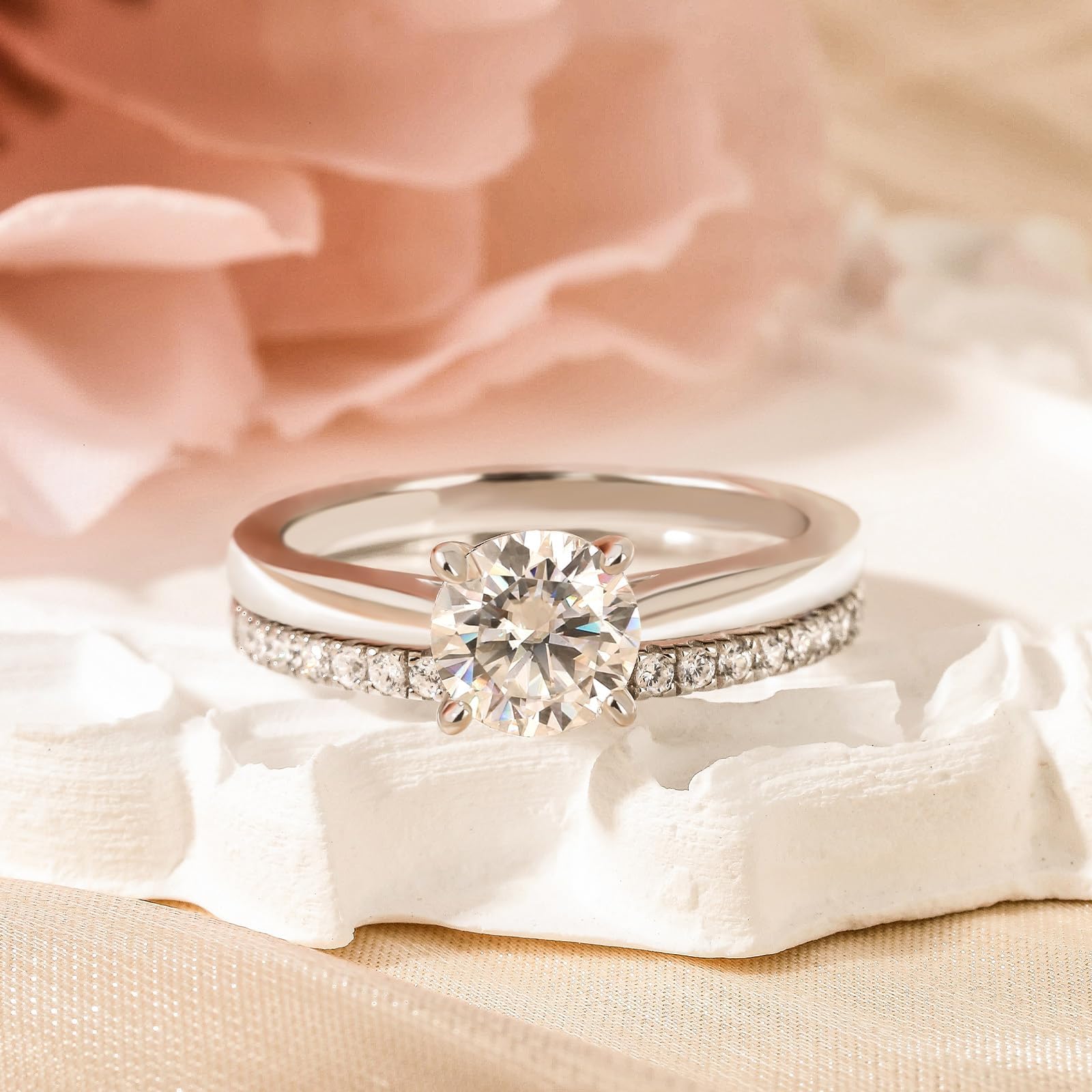 Damen Moissanit Klassisch Band Ring Set 925 Sterling Silber Vorsteckring Rundschliff Stein Stapelring Modern Elegant Doppelring Frauen Trauring für Hochzeit Valentinstag