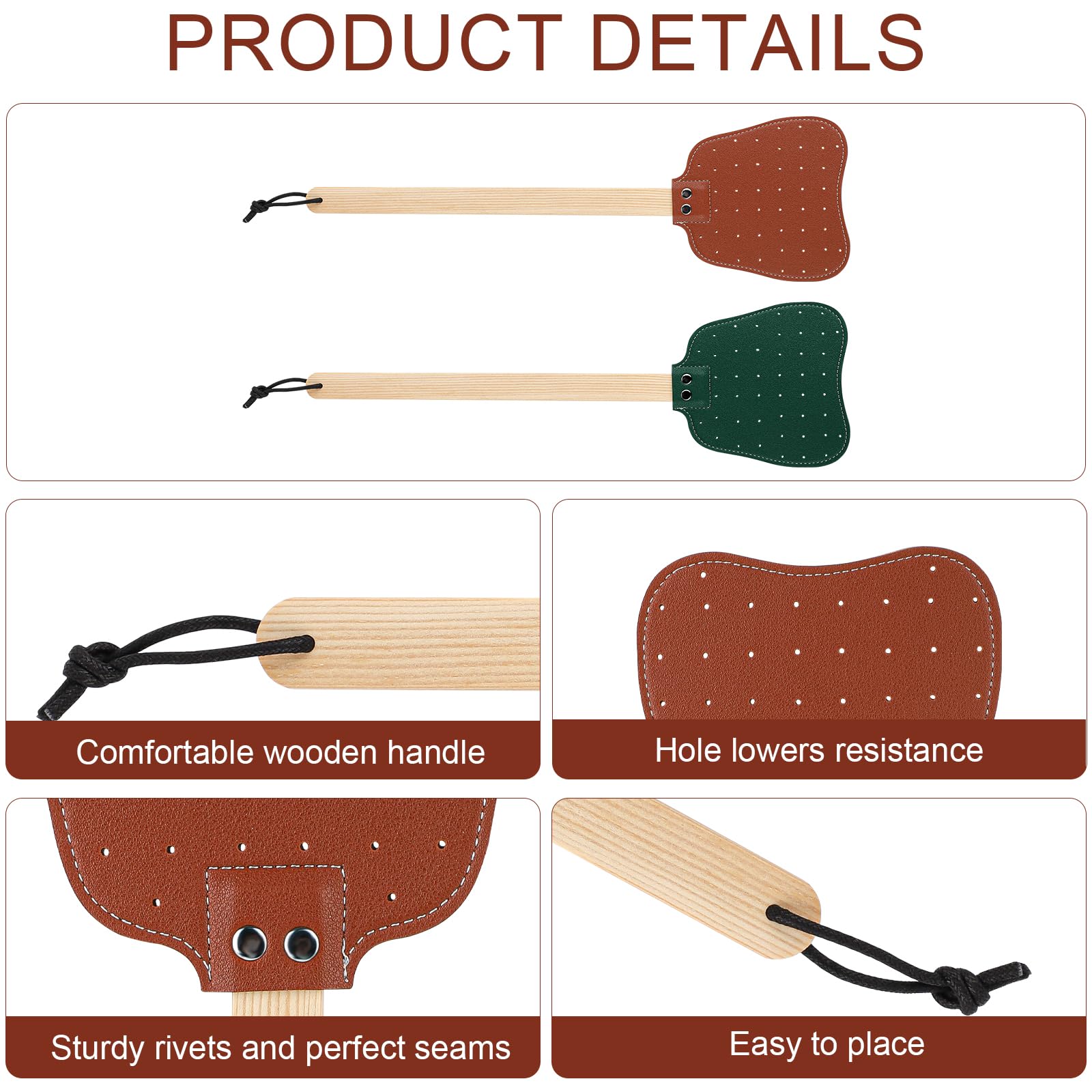 2pcs Leather Fly Swatters, Long Wooden Handle Manual Fly Swatters with Hanging Rope Heavy Duty Practical Leather Fly Swatters Indoors for Fly Mosquitoes Bees(Brown, Dark Green) - Image 4