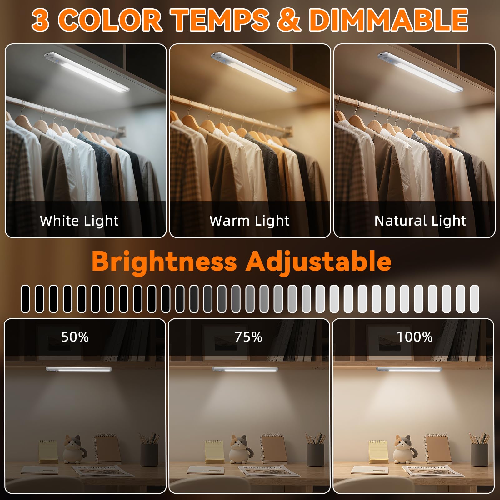 Under Cabinet Lighting Wireless Rechargeable Motion Sensor Light Indoor 3 Color Dimmable Closet Light Battery Operated with LED — view 3